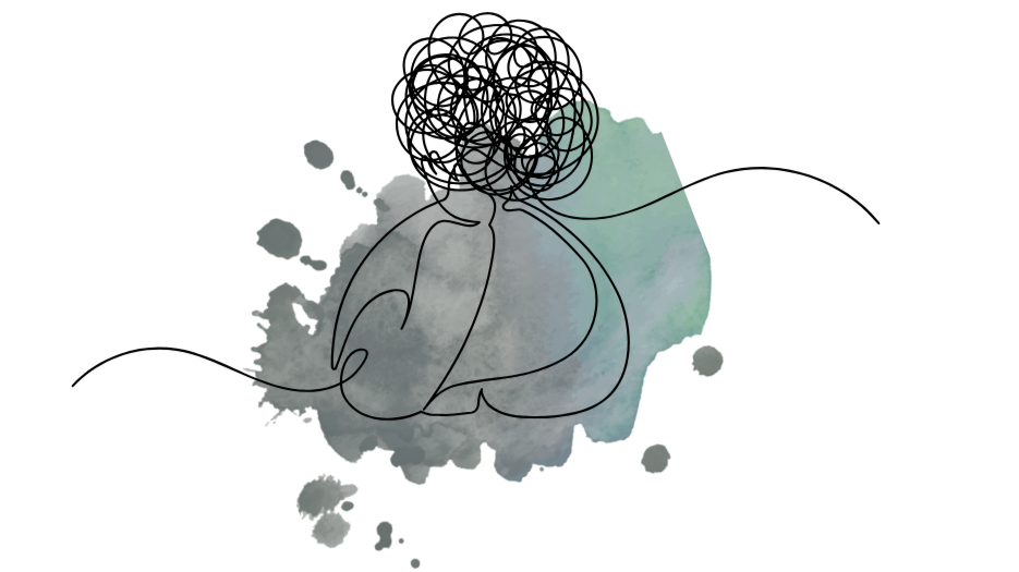 Illustrazione di una figura umana stilizzata con un groviglio di linee nere al posto della testa, su uno sfondo acquerello grigio e verde acqua.