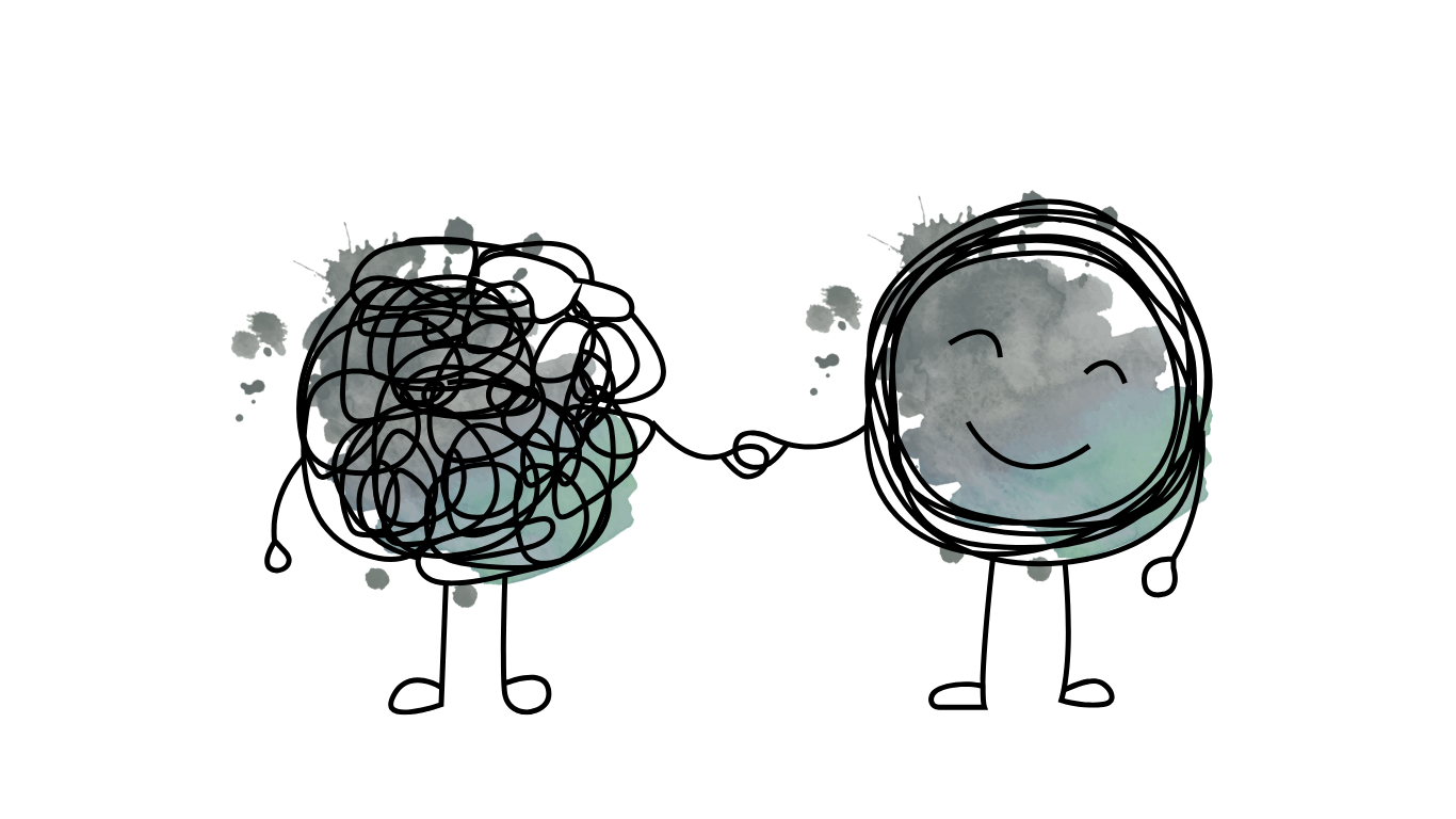 Illustrazione di due figure stilizzate collegate da una linea: una rappresenta la confusione, l'altra appare serena e sorridente.
