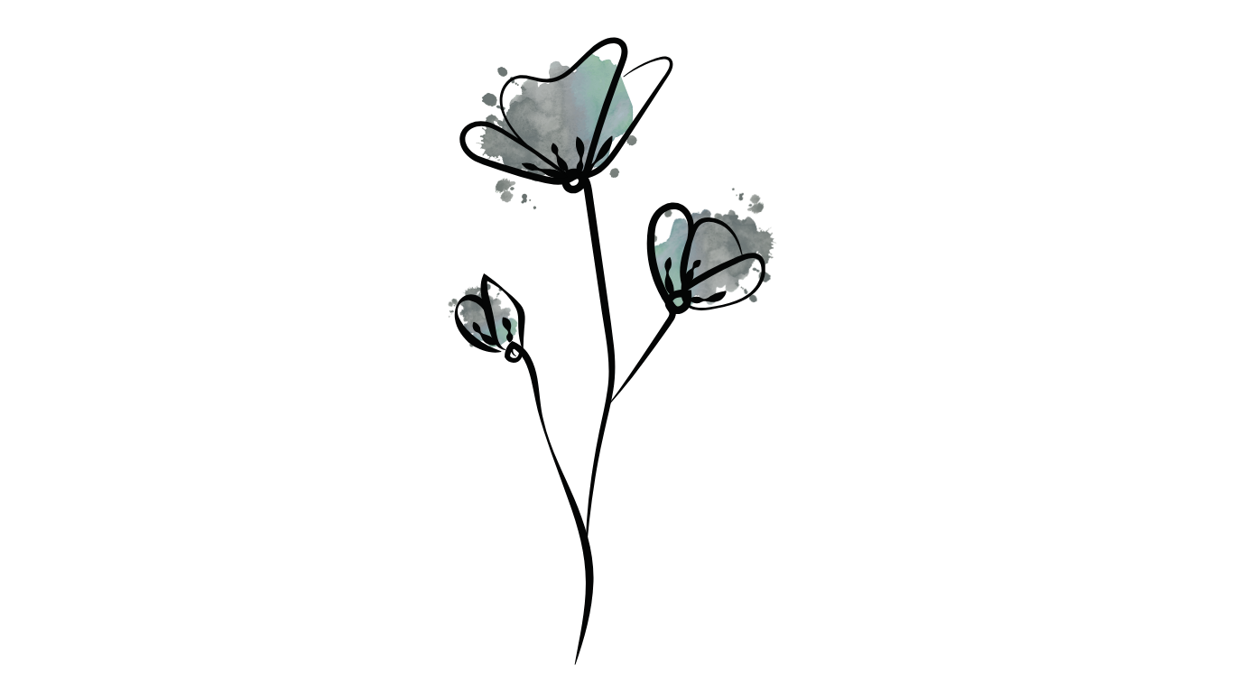Illustrazione di tre fiori stilizzati con contorni neri e delicate sfumature acquerello grigio-azzurre.