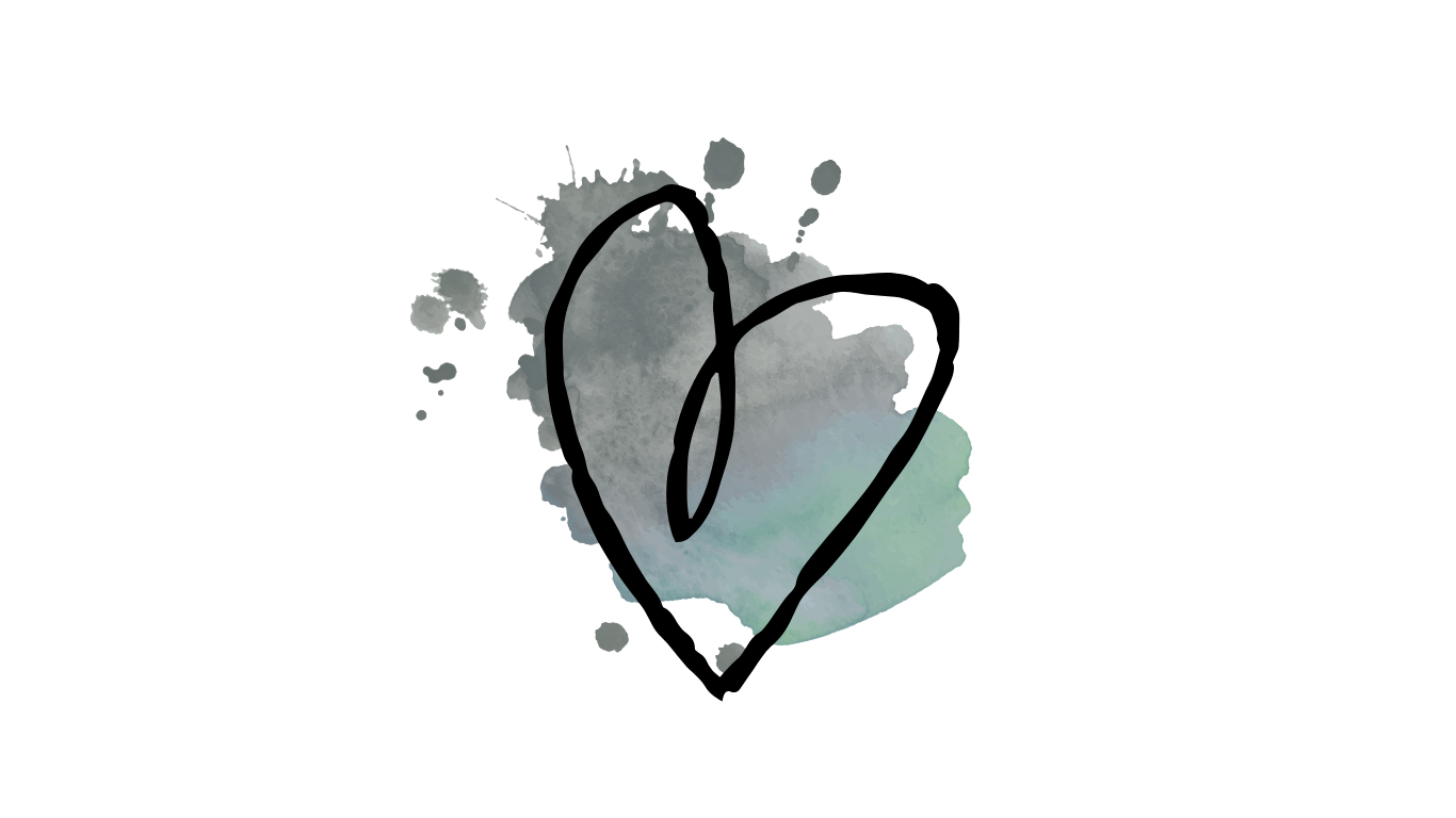 Cuore stilizzato disegnato con una linea nera, su macchie acquerello grigie e verde acqua.