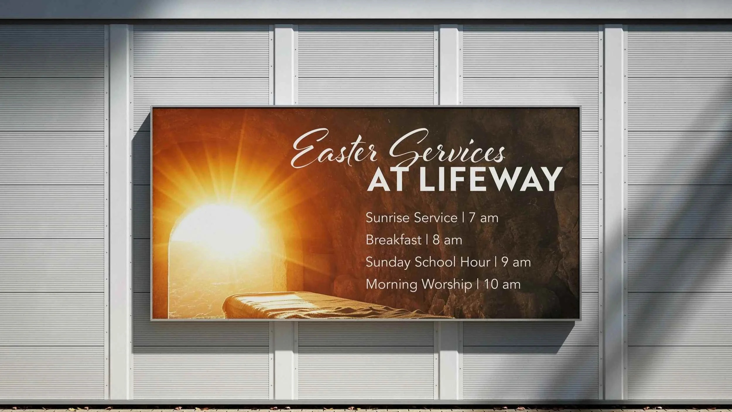 Easter church billboard display highlighting service times with coordinated design to promote special Easter morning services