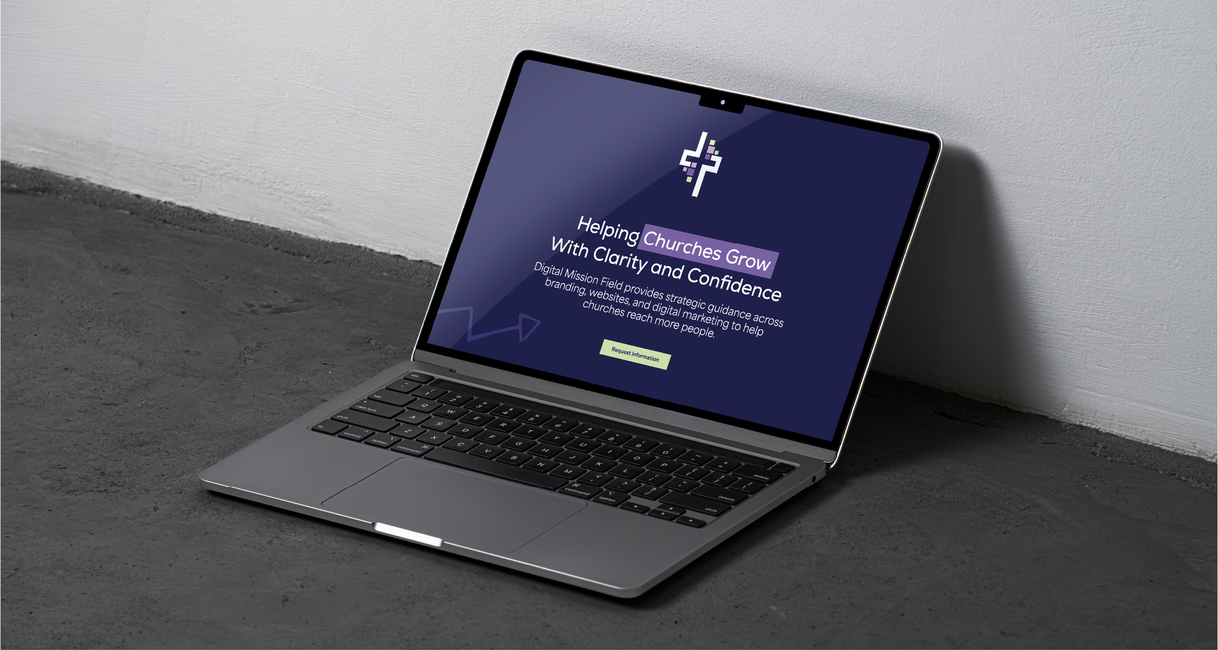 Homepage design for Digital Mission Field featuring a strategic brand identity, custom graphics, and responsive website design.