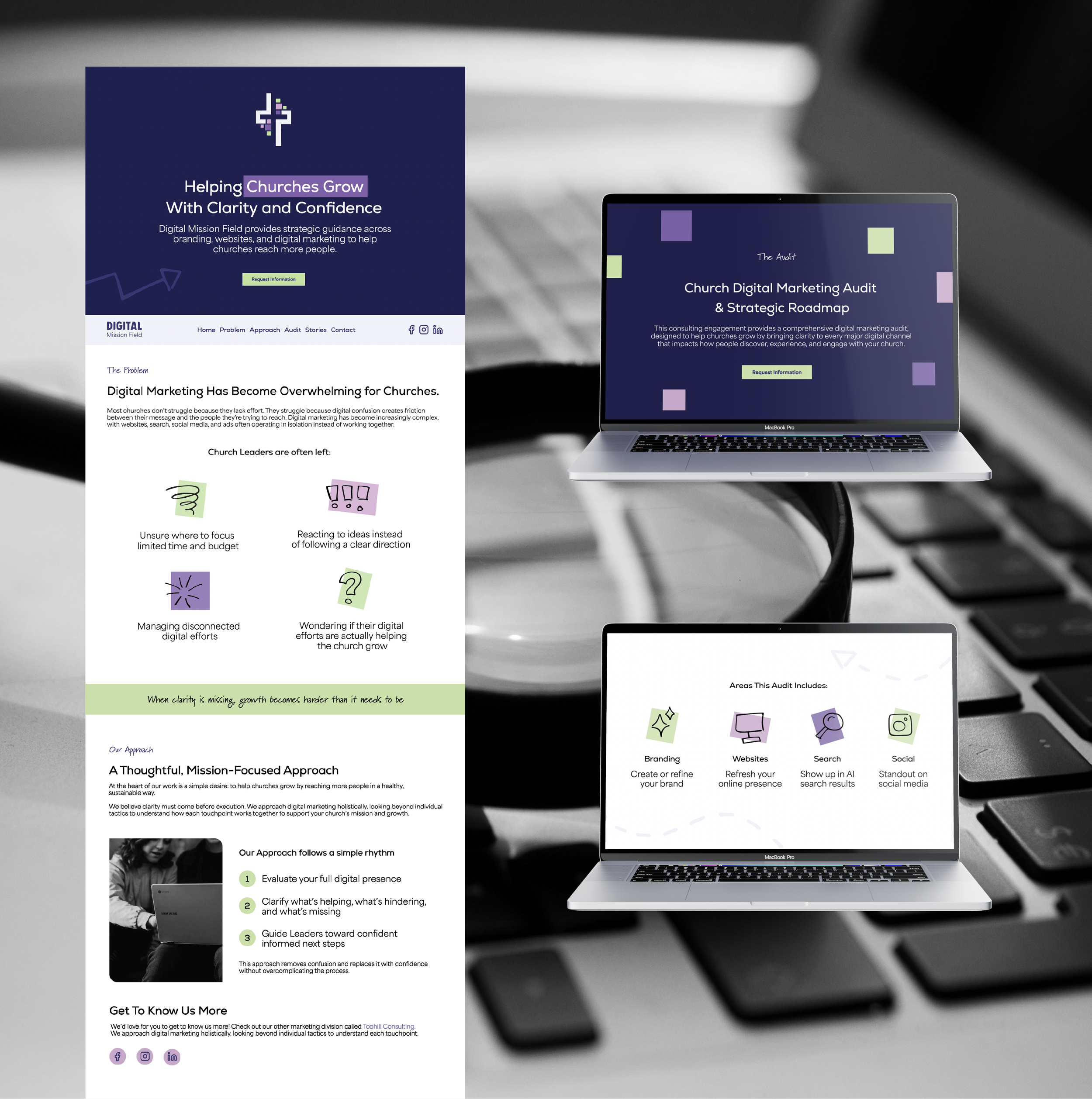 Brand identity presentation for Digital Mission Field featuring logo suite, color palette, typography, photography direction, custom illustrations, and website design.