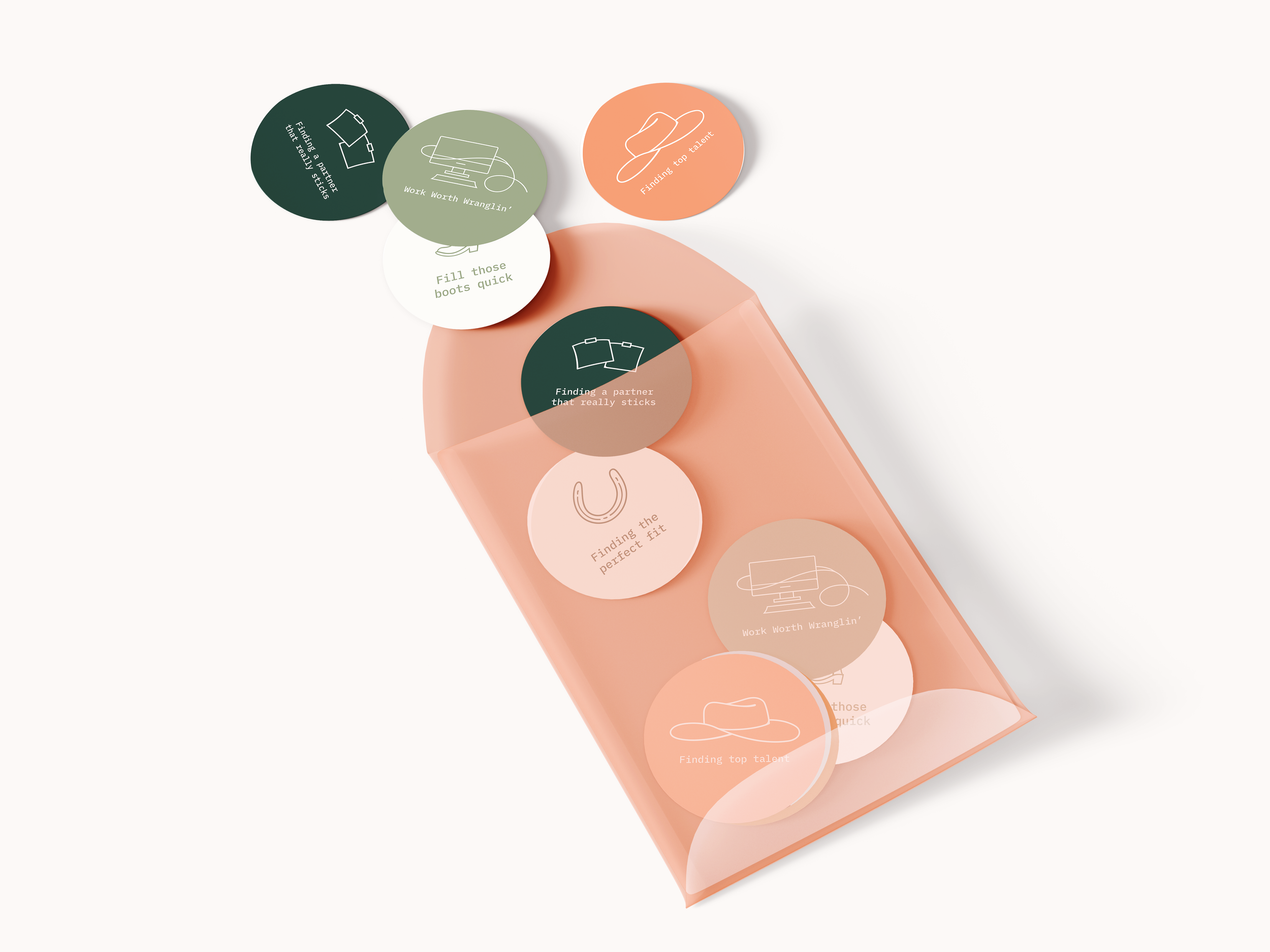 Custom sticker designs featuring western-inspired illustrations and modern recruiting messaging, showcasing strategic branding and a cohesive visual identity.