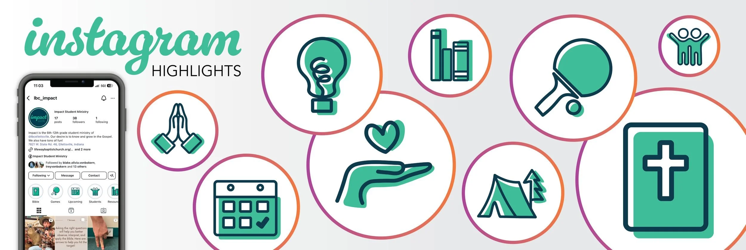 Custom Instagram highlight designs for Impact Student Ministry using updated branding, color palette, and recognizable visual elements.