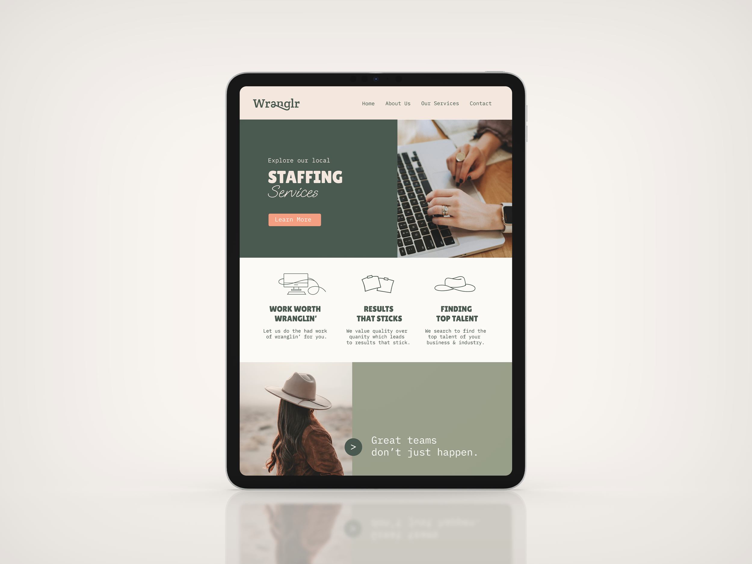 Website homepage mockup showcasing a custom brand identity with logo design, typography, color palette, and photography direction for a service-based business website.