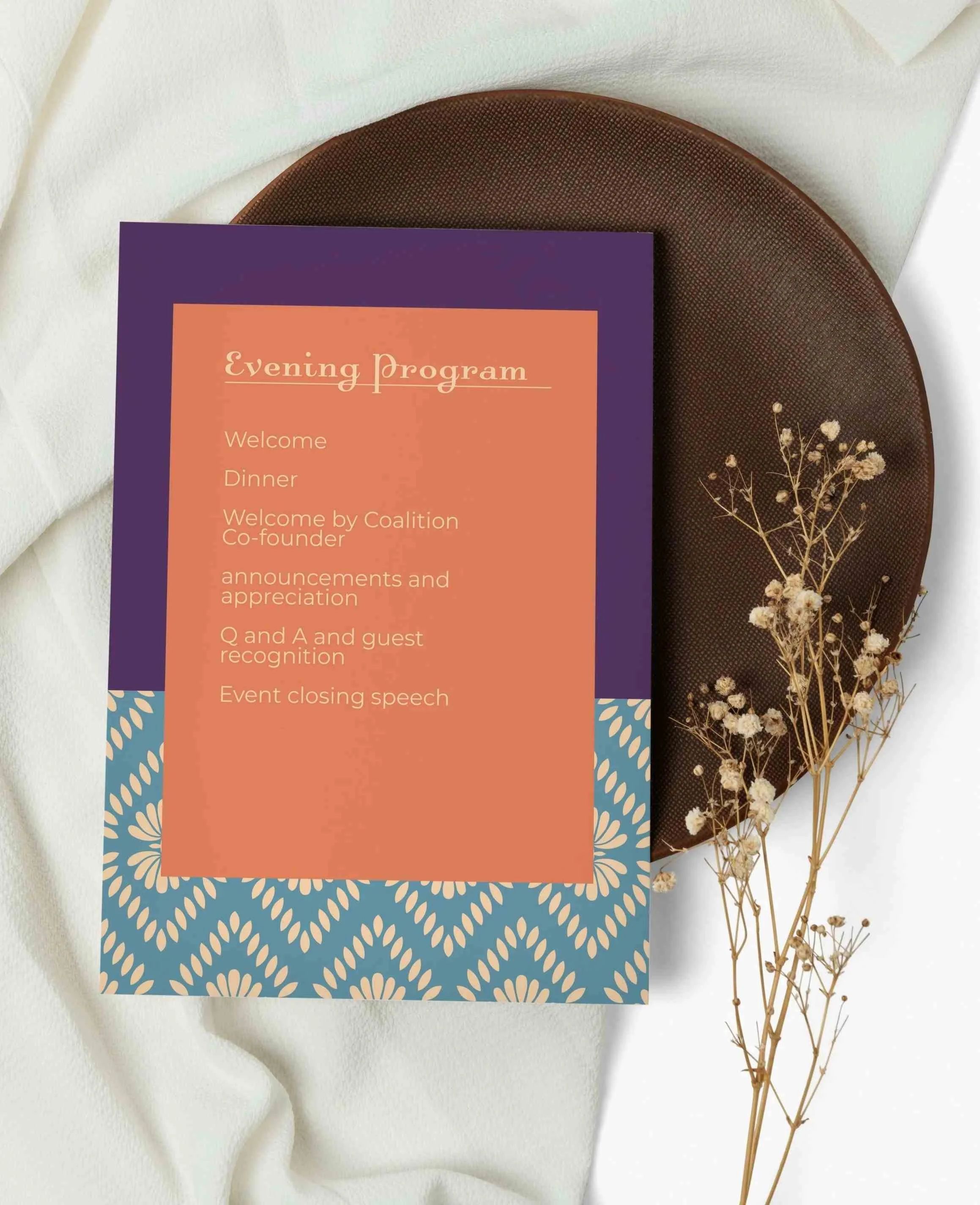 Custom event program design showcasing Child Freedom Coalition gala branding, sophisticated typography, patterns, and cohesive visual identity.