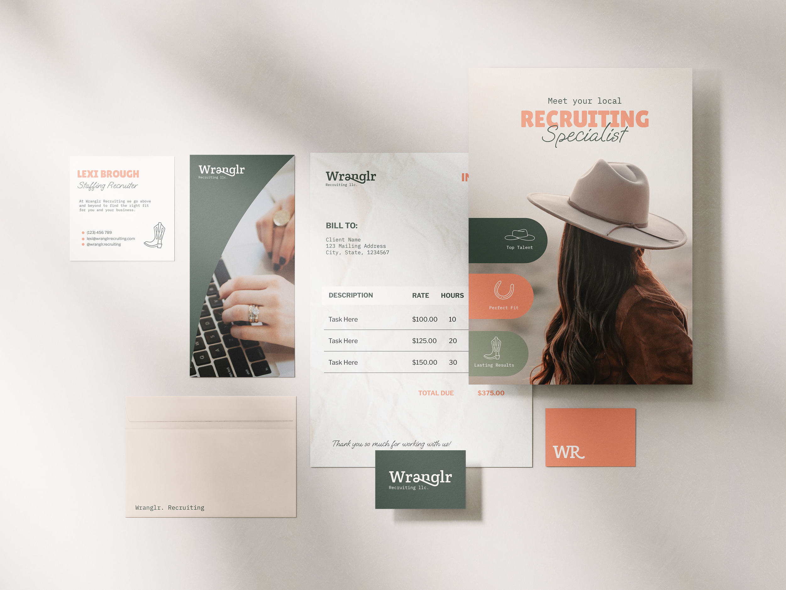 Branded stationery suite featuring business cards, invoice, brochure, and marketing materials designed as part of a cohesive visual identity and small business branding system.