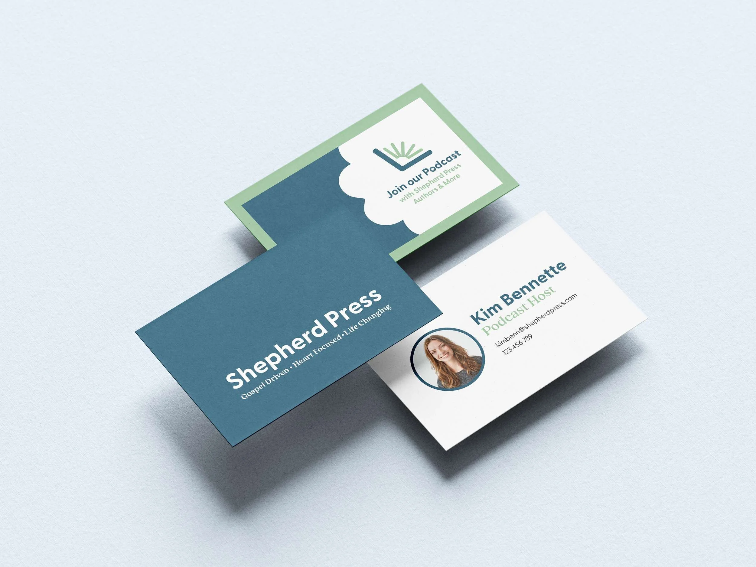 Refreshed branding for Shepherd Press shown through clean, simple business card design