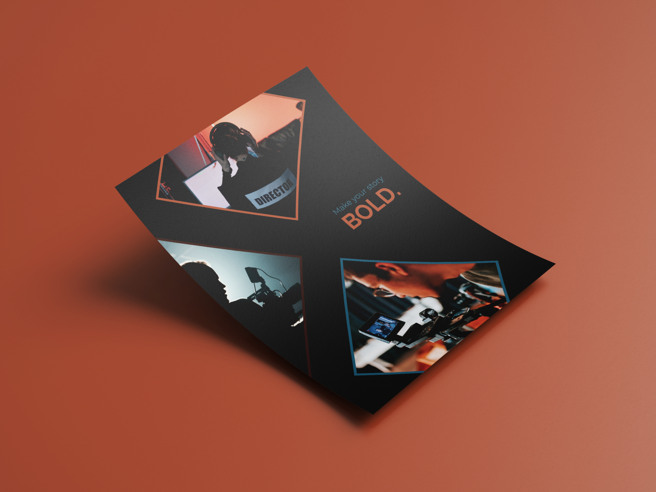 Lion Heart Pictures promotional flyer mockup with moody black cinema tones and behind-the-scenes film production imagery, designed for bold and modern small business branding