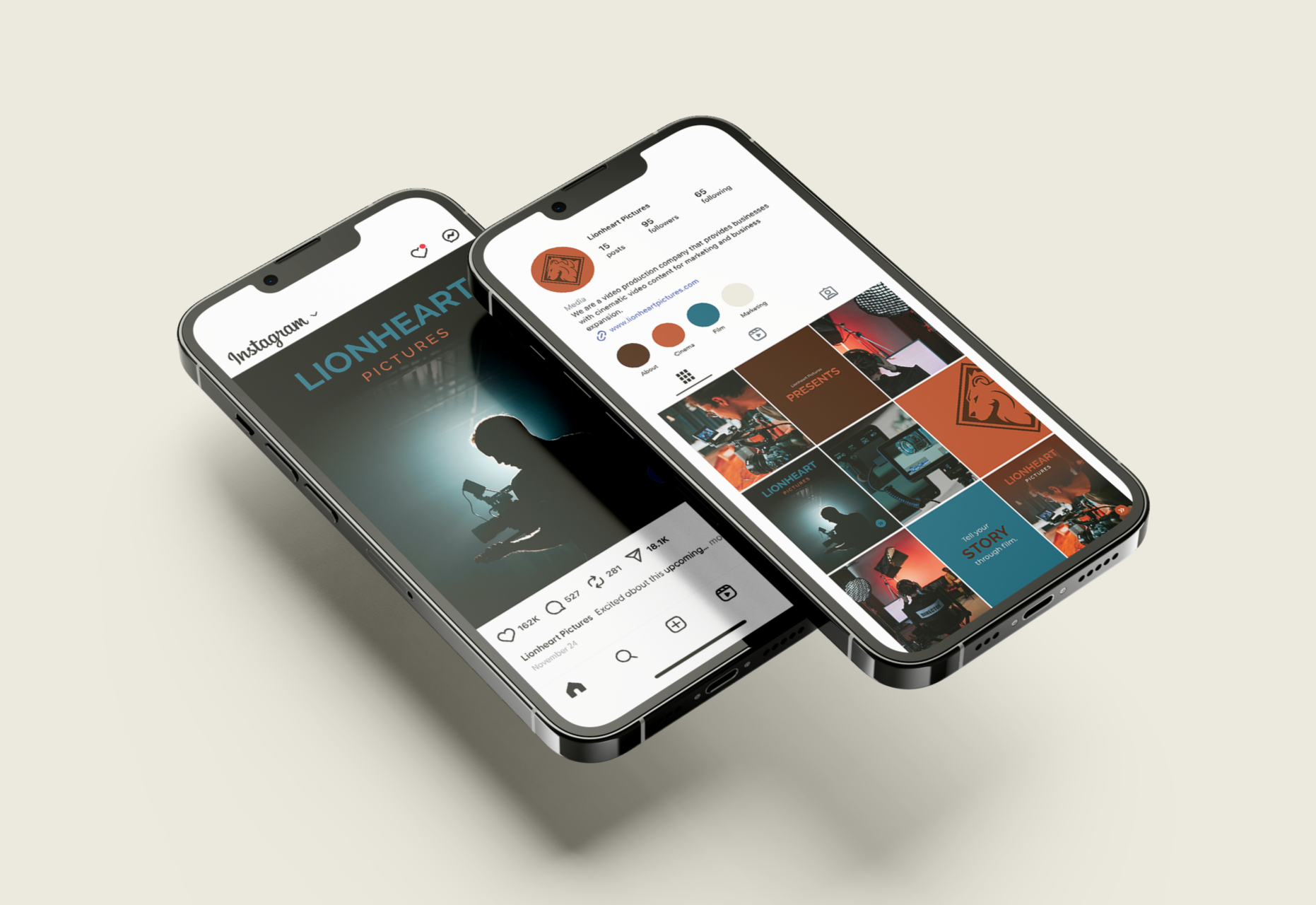 Smartphone displaying Lion Heart Pictures social media feed with teal and orange cinema-inspired color palette, reflecting bold, modern branding for small business storytelling.