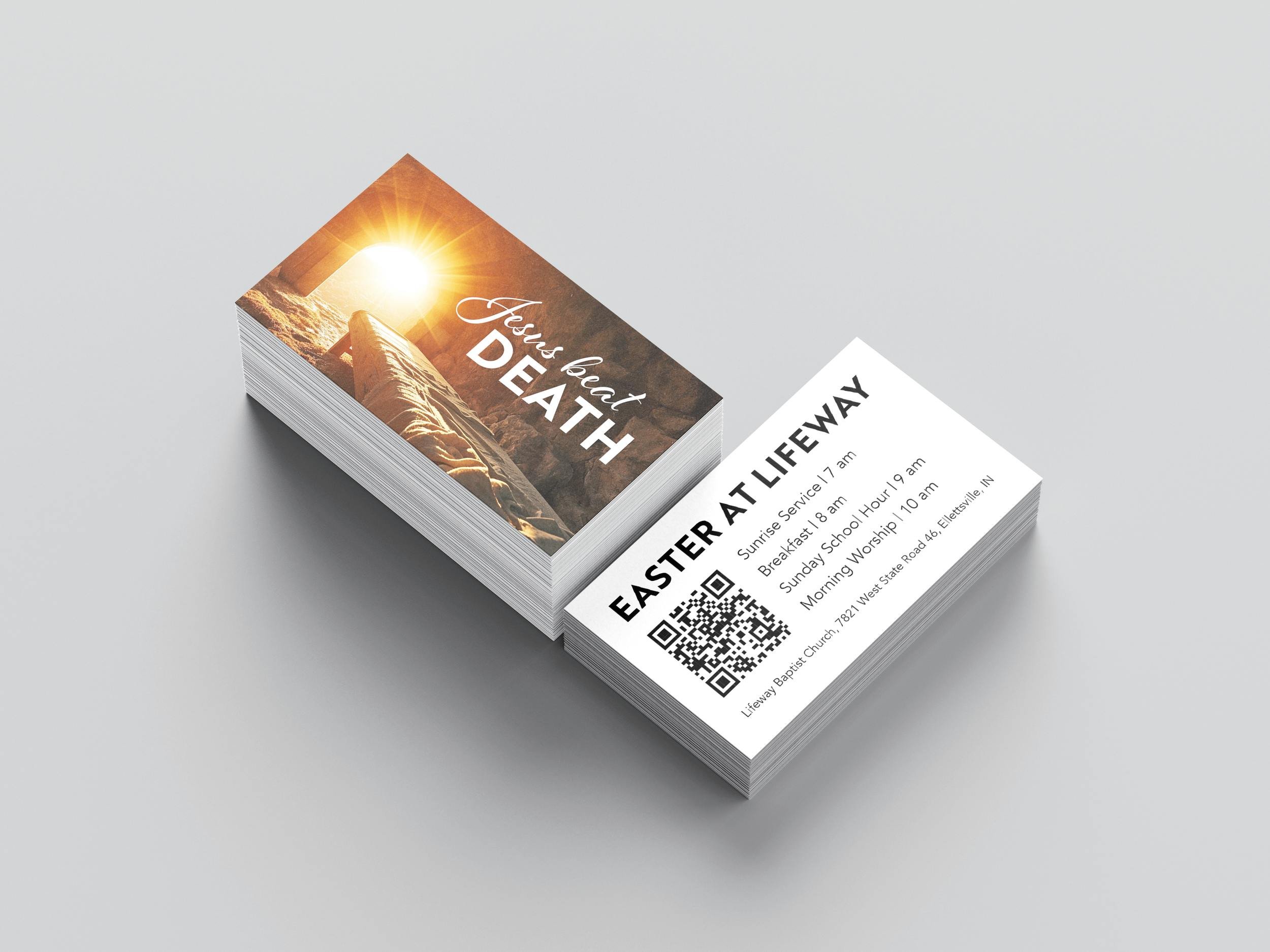 Easter service invitation designed in a business card format, making it easy to share church service times and encourage Easter attendance