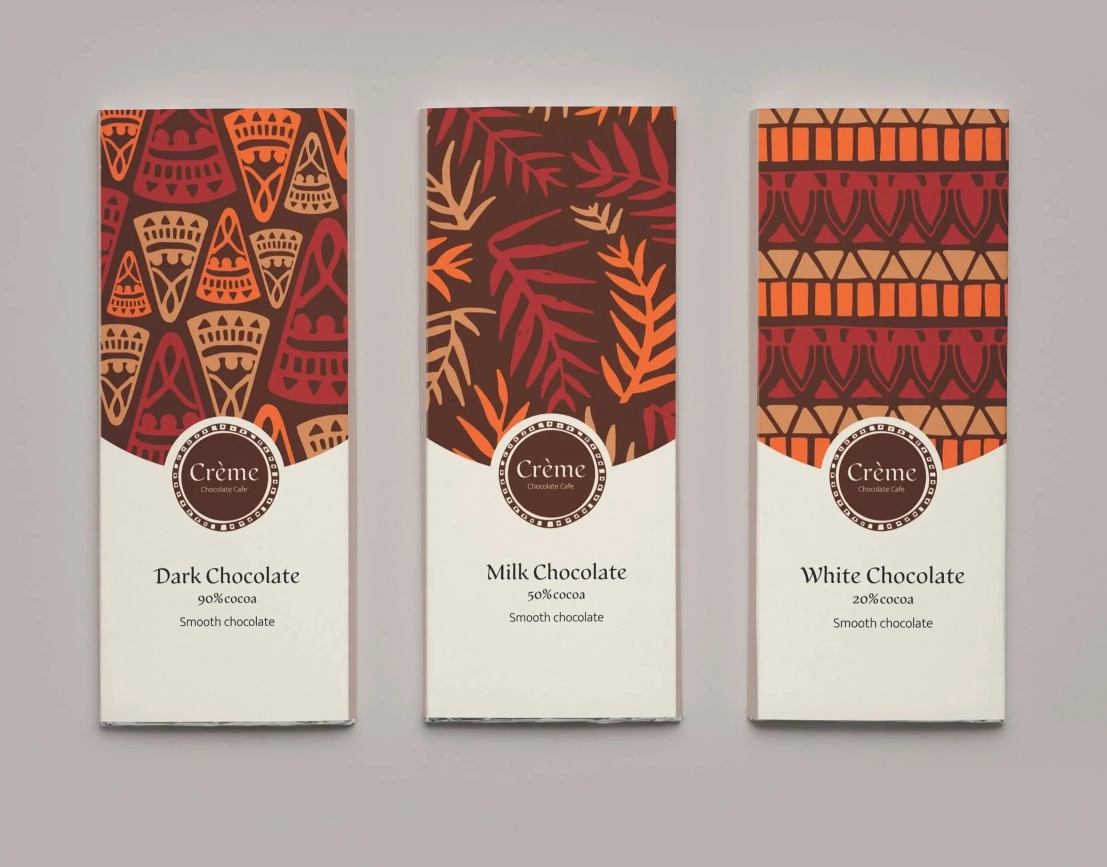 Chocolate wrapper packaging featuring custom pattern design, modern logo, and culturally inspired branding for a small business concept