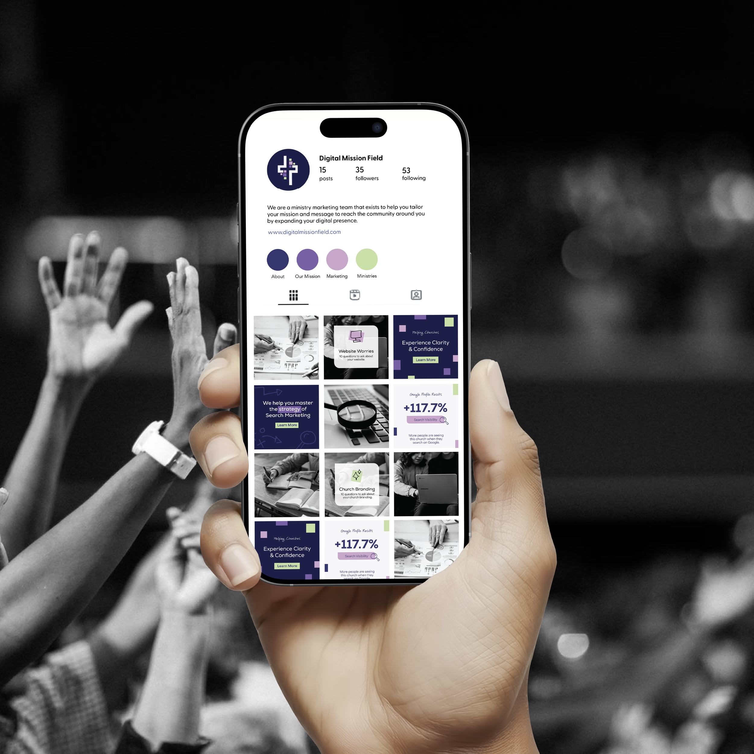 Instagram branding mockup demonstrating the Digital Mission Field visual identity across social media with consistent graphics and typography.