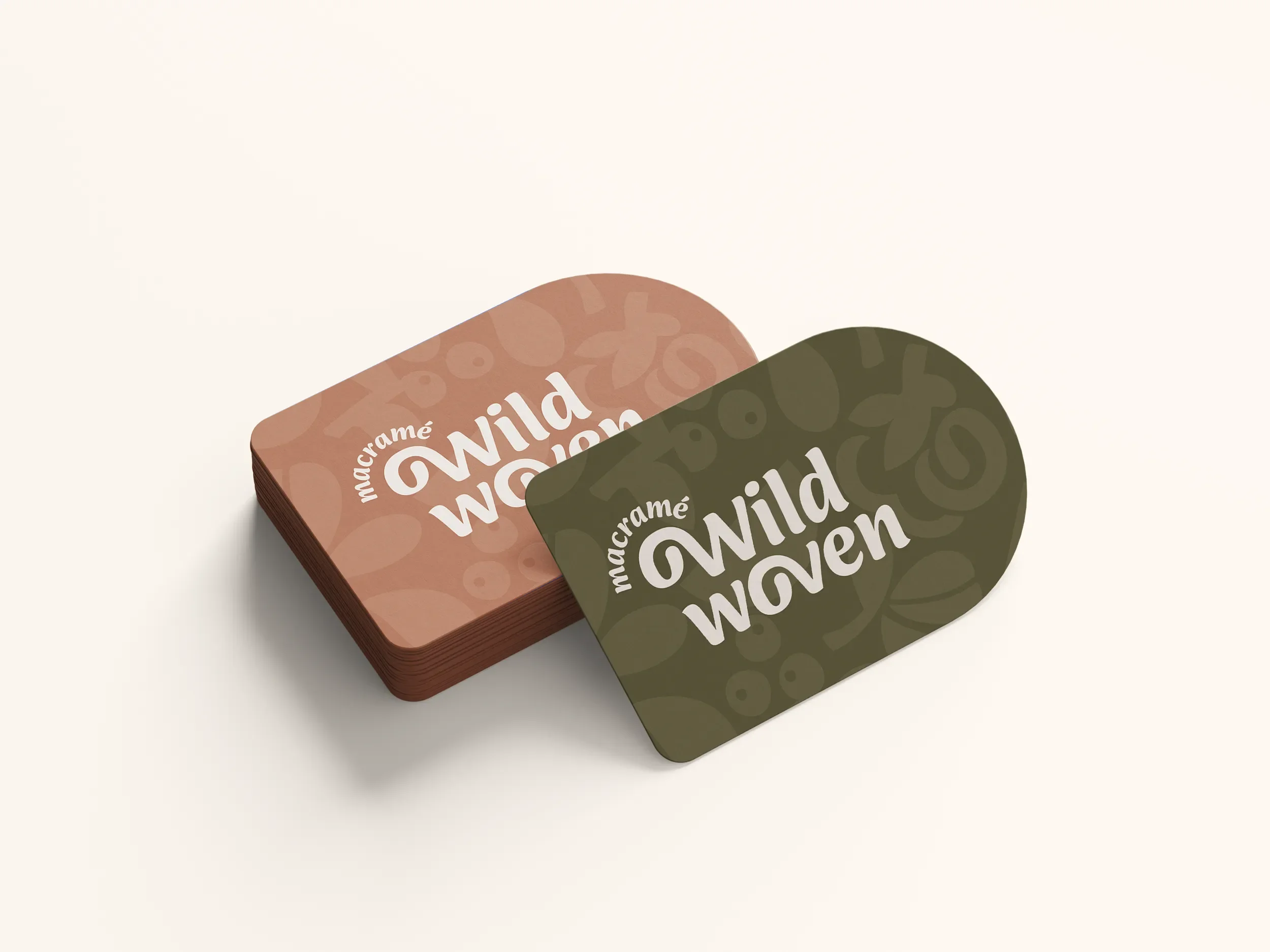 Cozy boho business card design for a macramé small business featuring organic pattern textures and a custom handcrafted wordmark logo