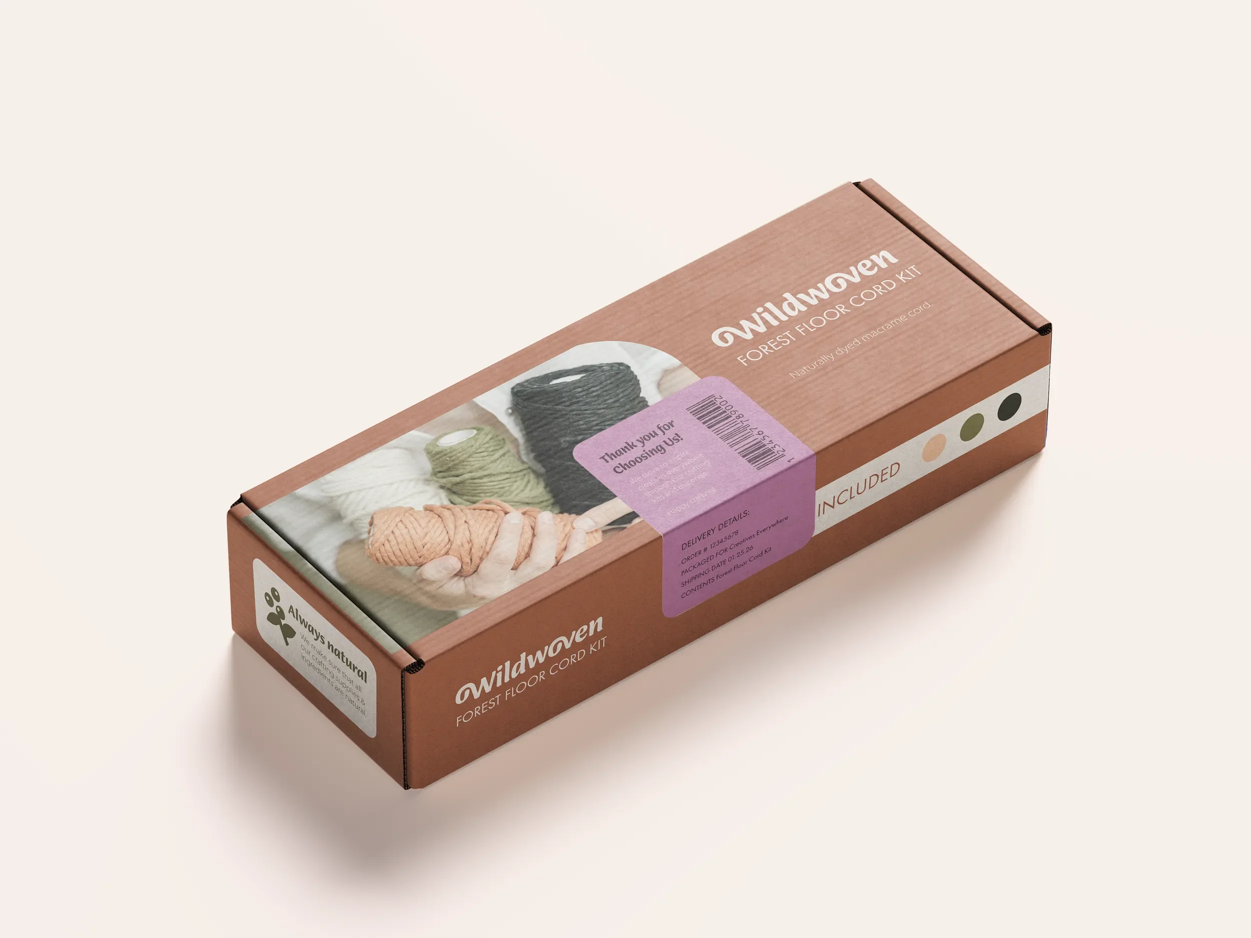 Minimal rectangular packaging design for macramé craft materials featuring natural textures and clean organic branding