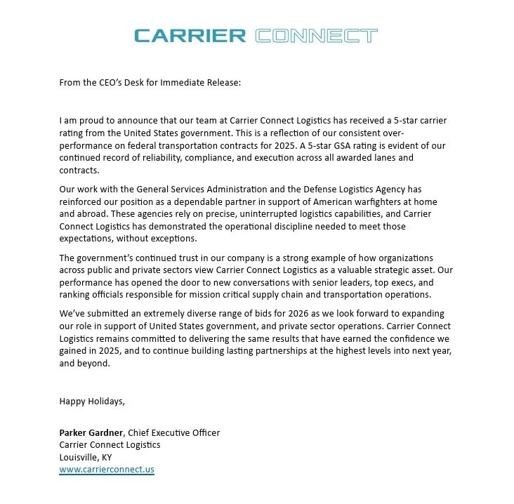 We&rsquo;re honored to share that Carrier Connect Logistics has officially earned a 5-Star Government Carrier Rating for our over-performance in federal transportation contracts in 2025!