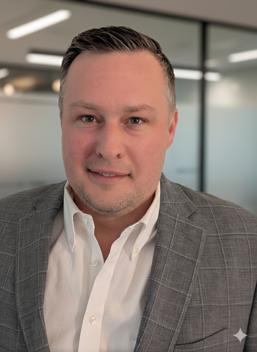 Professional headshot of a man with short dark hair, wearing a gray checked blazer and white shirt, standing in an office with glass walls.