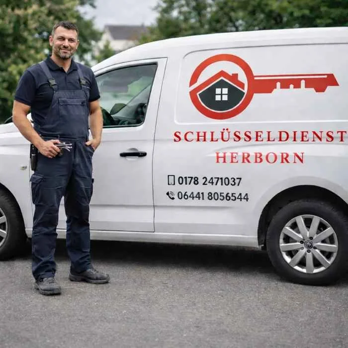 Monteur des MS Schlüsseldienst Herborn steht vor Einsatzfahrzeug mit rotem Herborn Schriftzug