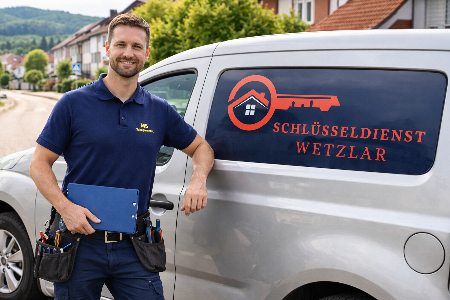 Monteur vom MS Schlüsseldienst Altenkirchen steht vor Einsatzfahrzeug mit Firmenlogo