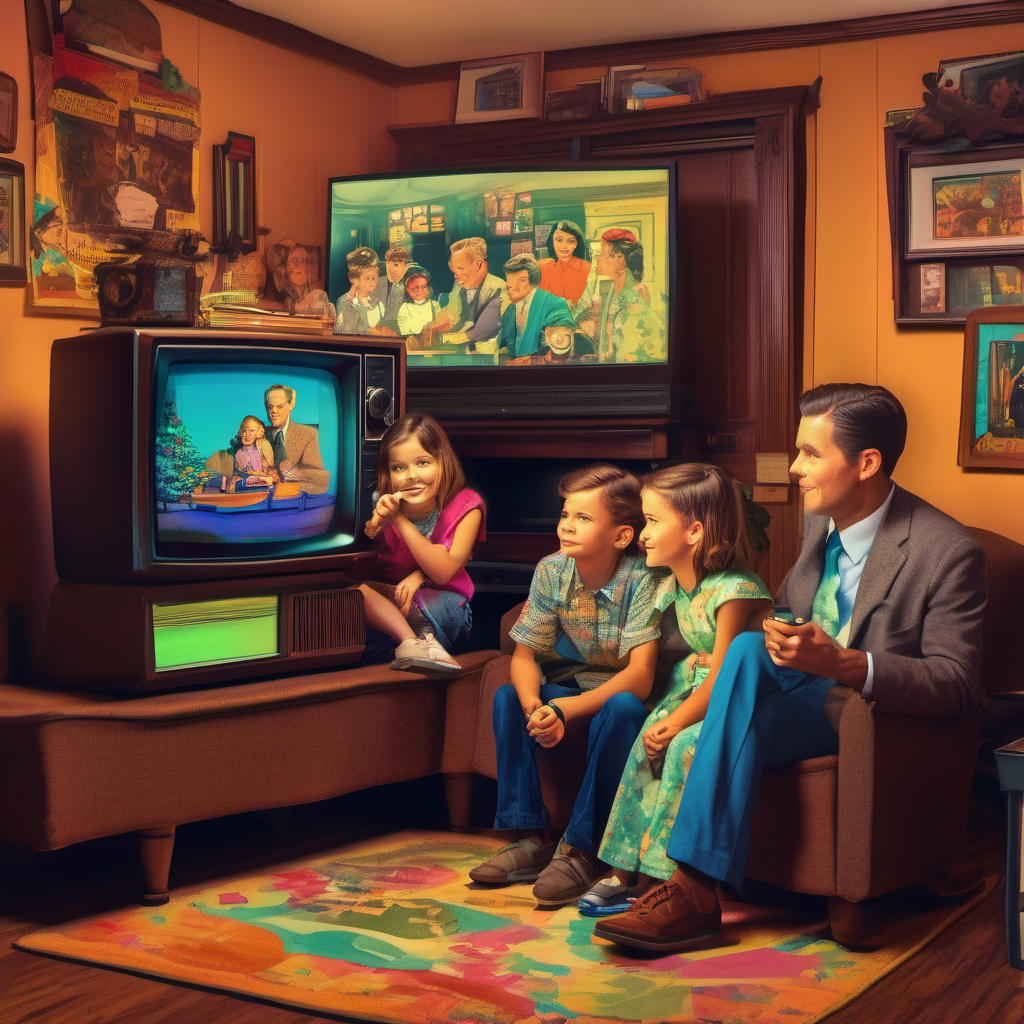 Family watching television in a retro living room with vintage decor, colorful rug, and classic TV sets.