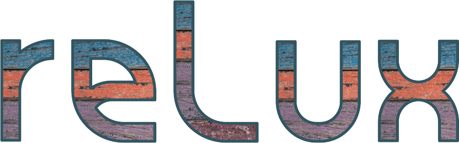 "relux" text with colorful wooden texture