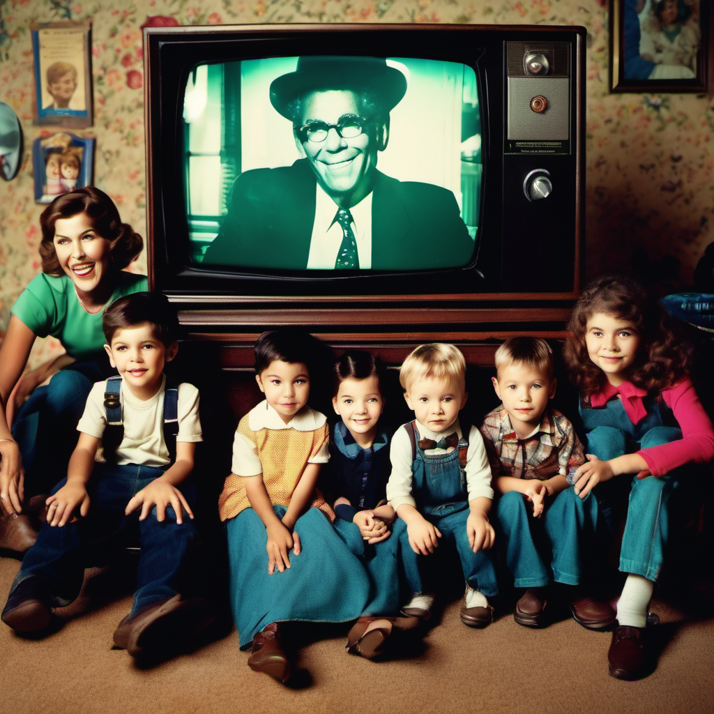 Vintage family scene with mother and children in 1960s style, watching TV with a black and white image on screen, floral wallpaper background.