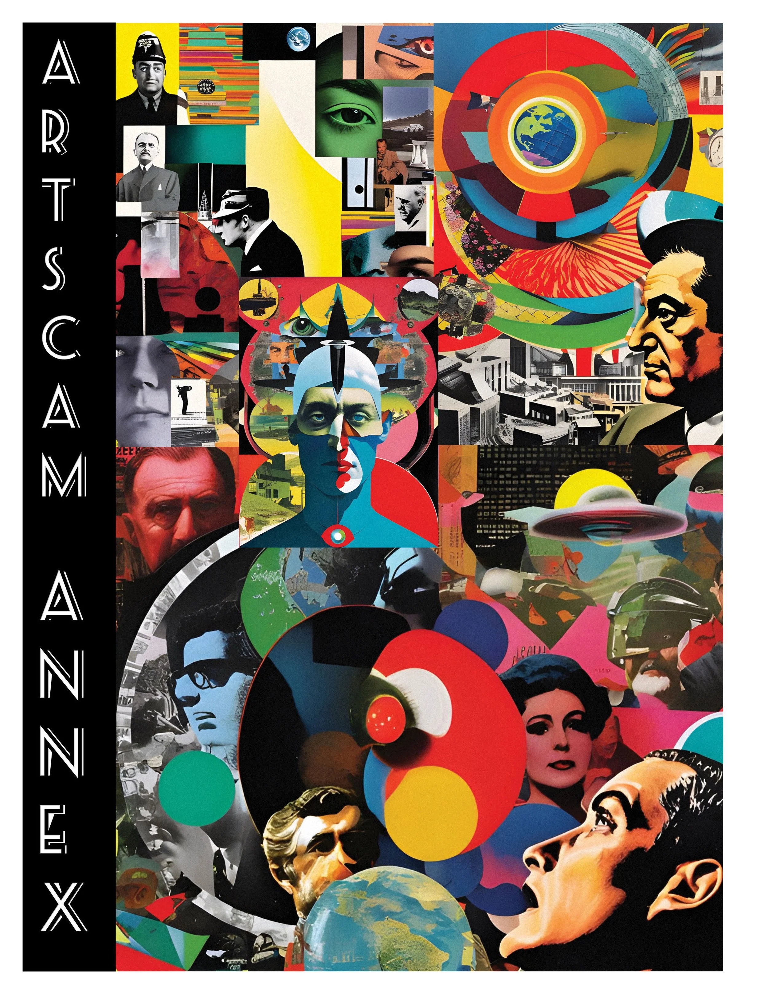 Colorful collage with various faces, geometric shapes, and abstract elements, featuring text "ARTSCAM ANNEX."