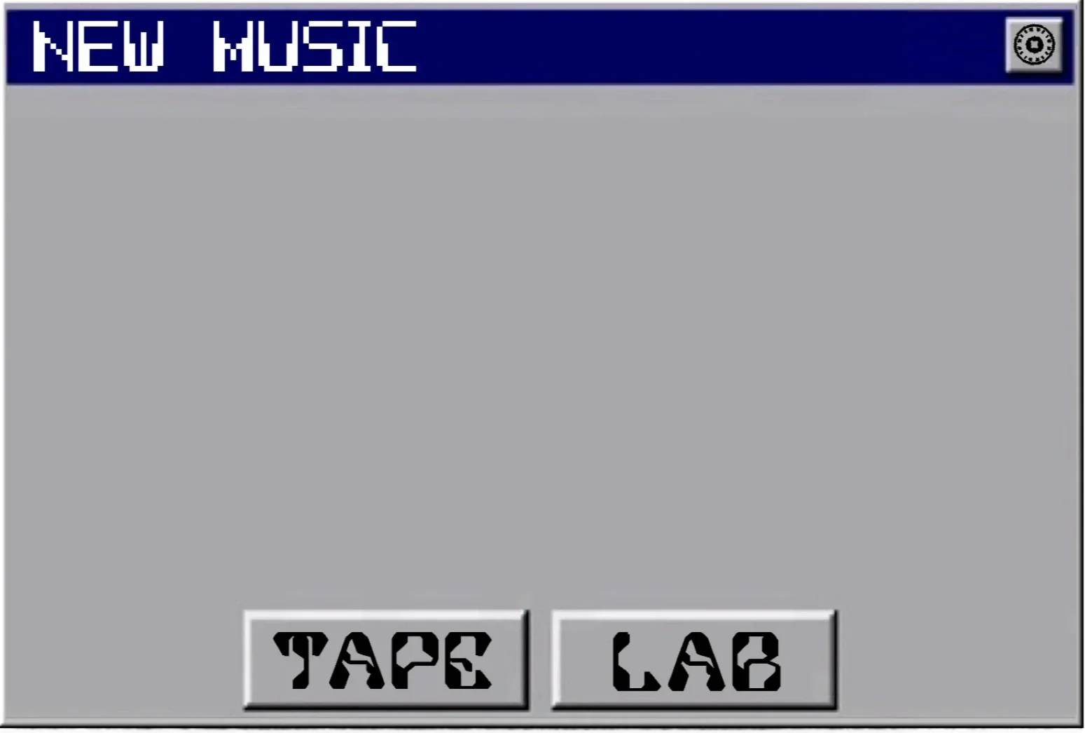 A digital screen with a blue header saying 'NEW MUSIC' and two buttons labeled 'TAPE' and 'LAB' at the bottom.