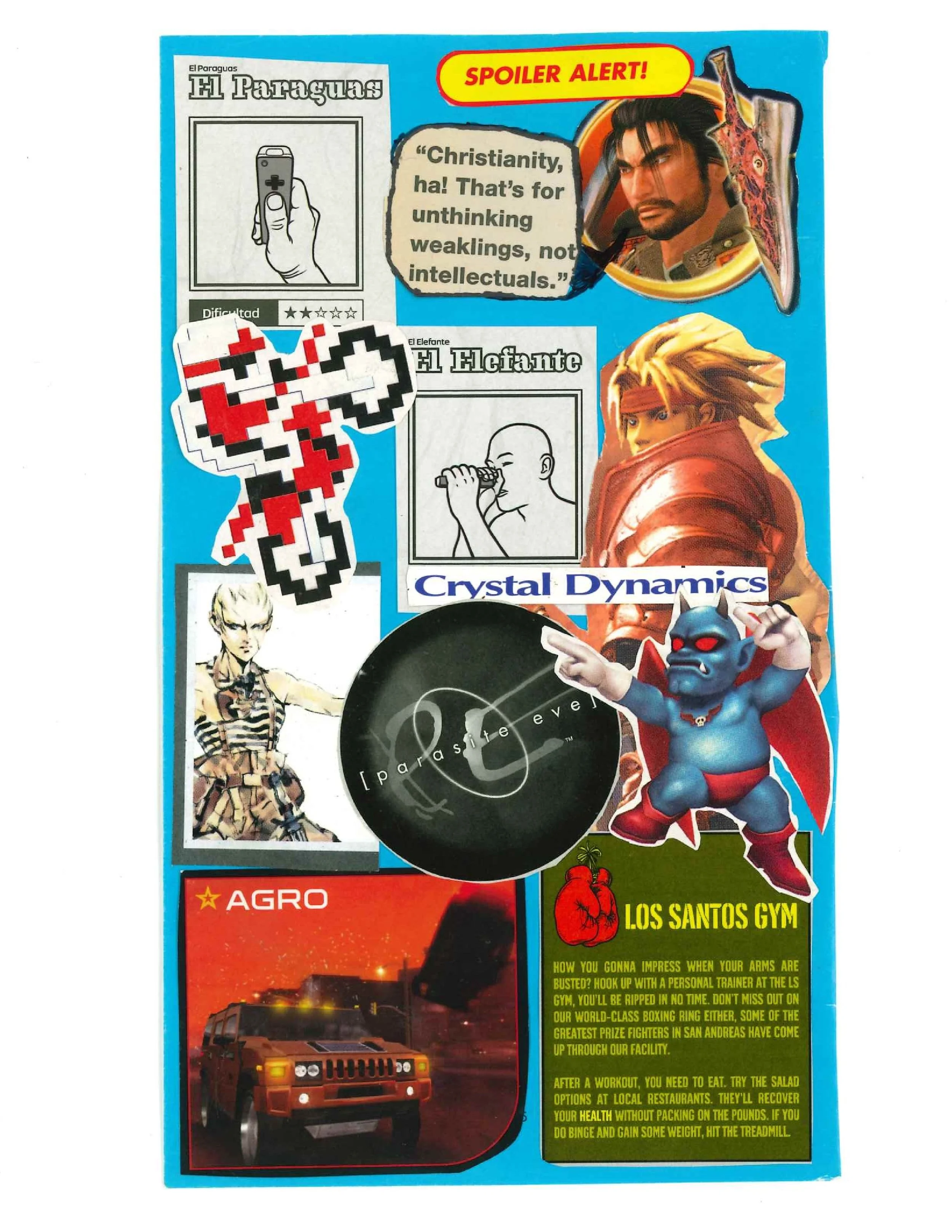 A collage featuring various video game elements, including a 'Spoiler Alert!' banner, pixel art, and characters from video games. It has logos like 'Crystal Dynamics' and 'Agro', a 'Parasite Eve' circle, humorous text bubbles, and a car. There's also