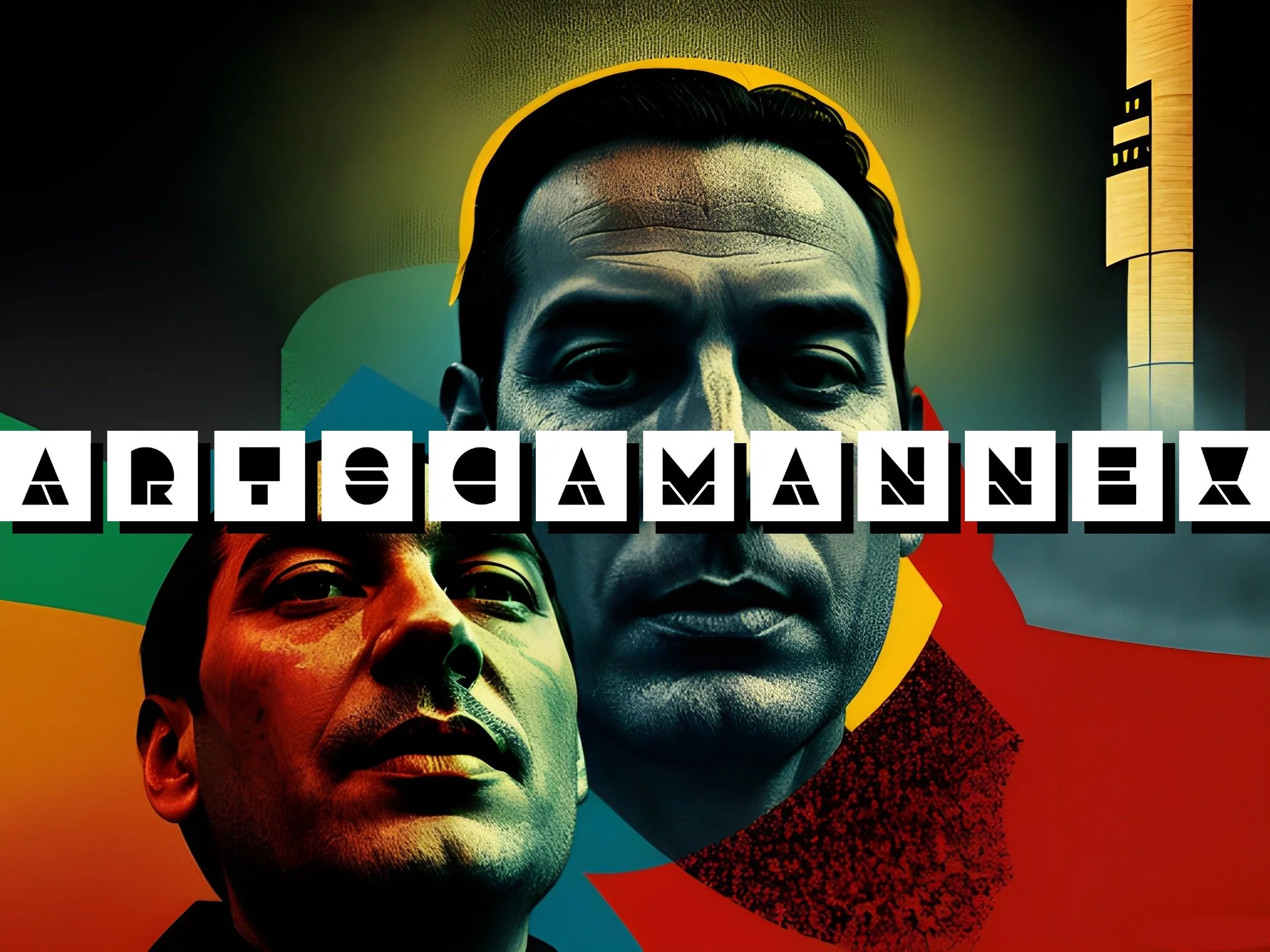 Colorful digital artwork featuring two stylized male faces with the text 'ARTSCAA ANNEX' overlayed. Abstract background with geometric shapes and a tall architectural structure.