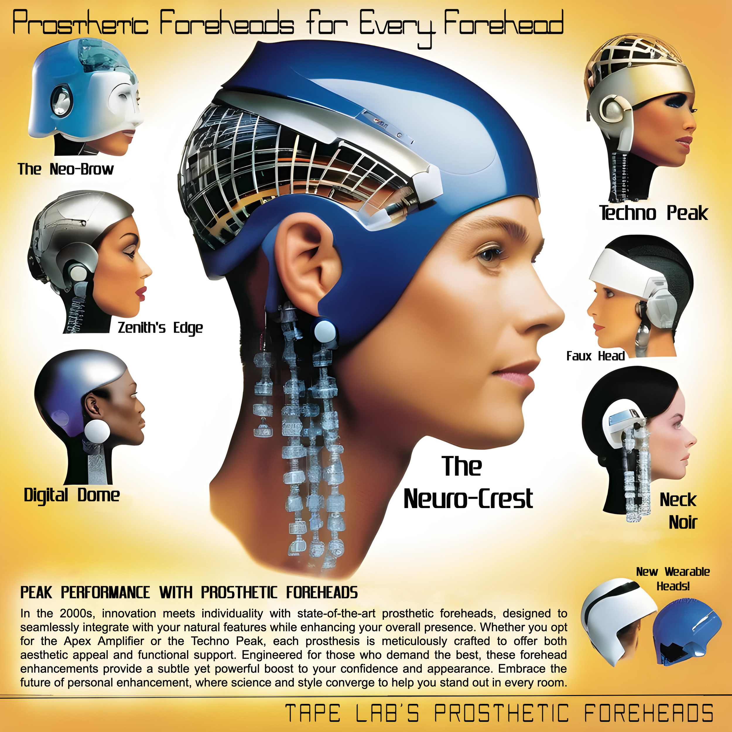 Futuristic advertisement showcasing various prosthetic forehead designs, including 'The Neo-Brow,' 'Zenith's Edge,' 'Digital Dome,' 'The Neuro-Crest,' 'Techno Peak,' 'Faux Head,' and 'Neck Noir.' Each design is illustrated on a model's head, emphasiz
