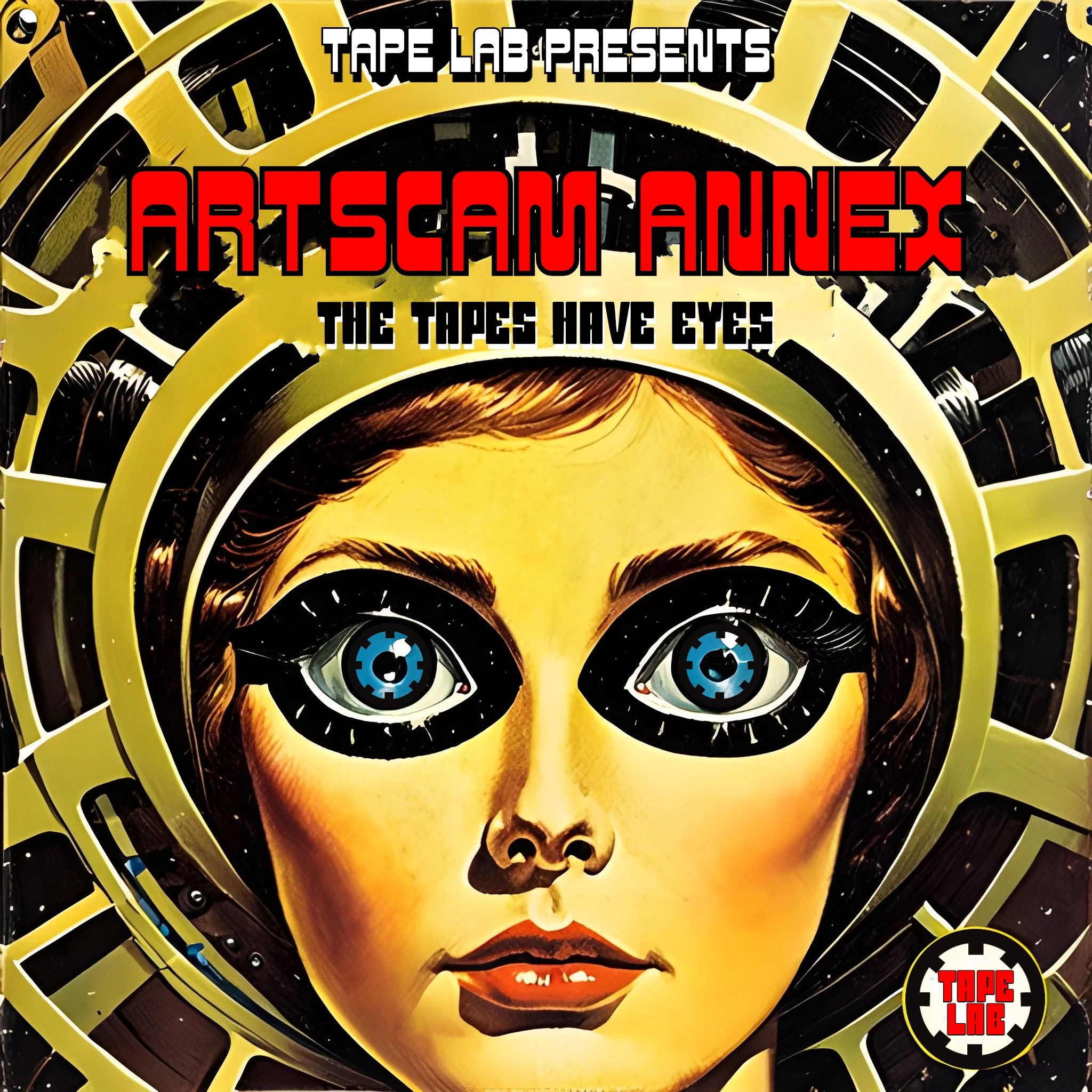 Retro-styled cover art featuring a woman's face with exaggerated, gear-like eyes in a mechanical setting. Bold text reads 'Tape Lab Presents Artscam Annex: The Tapes Have Eyes.' A logo with 'Tape Lab' appears in the corner.