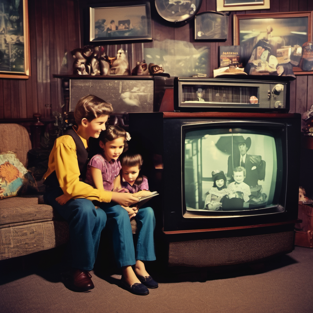 Three children sitting on a couch in a vintage living room, watching a black-and-white television. The walls are decorated with framed pictures and animal figurines, giving a nostalgic 1950s or 1960s vibe.