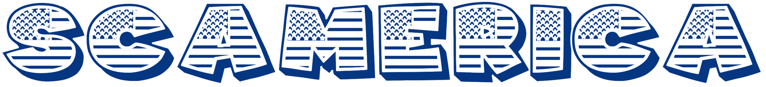 Text "SCAMERICA" styled with American flag elements in blue and white.