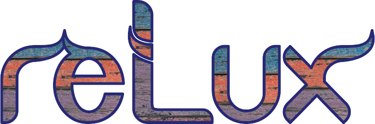 Stylized text "reLux" with colorful, textured design resembling wood surface.