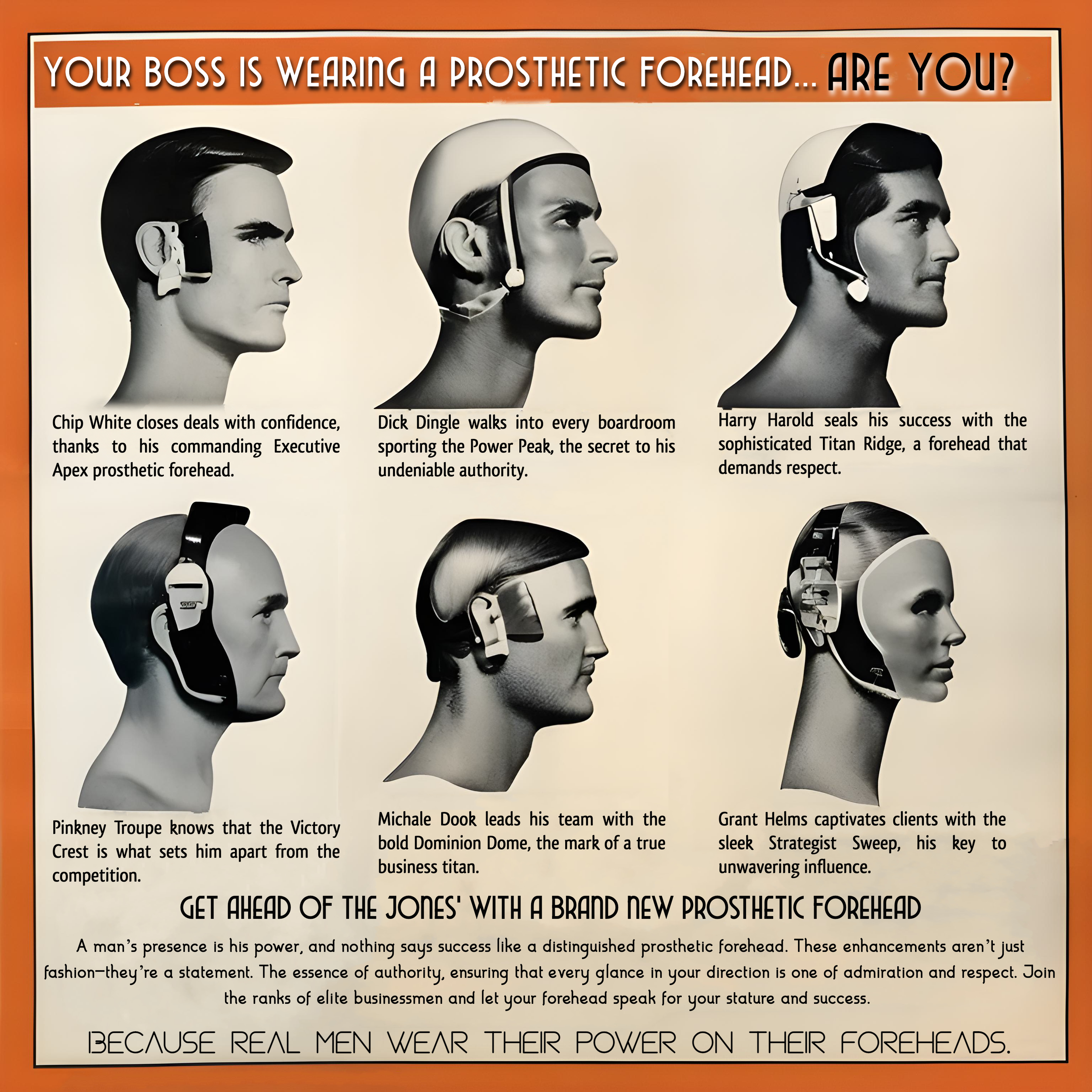 Vintage advertisement featuring six men wearing various prosthetic forehead attachments, each with a unique design name and description, suggesting enhanced authority and success. Tagline prompts readers to consider using a prosthetic forehead for in