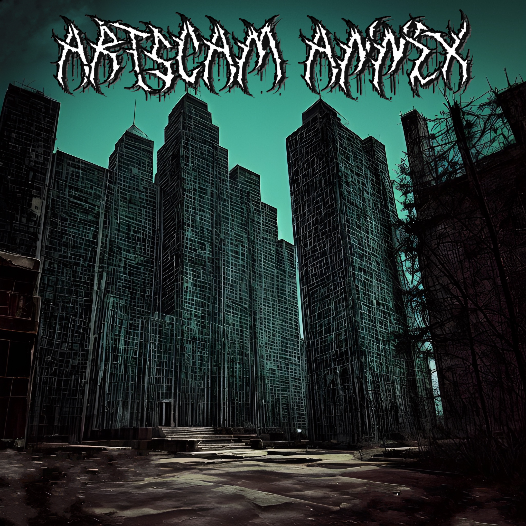 Abstract dark cityscape with tall buildings, eerie atmosphere, and distorted text at the top.