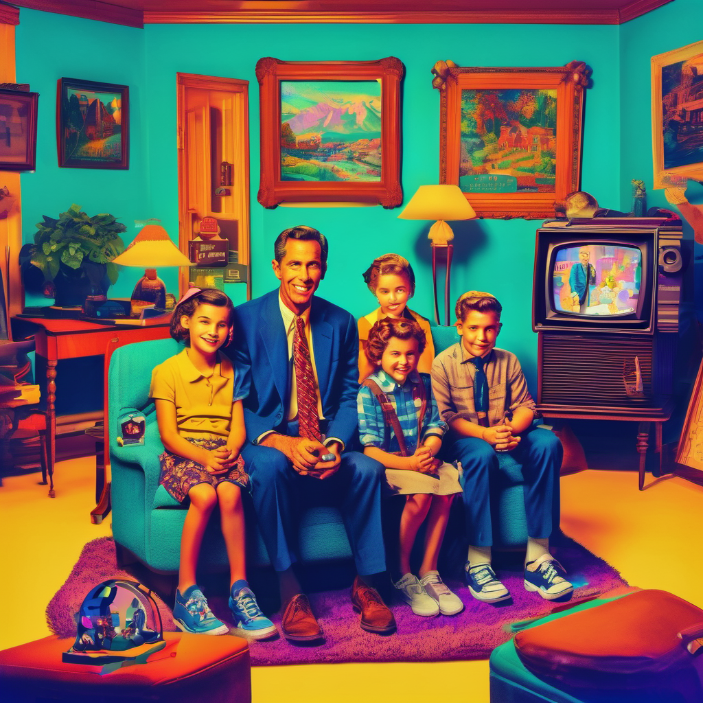 Retro family in vibrant room with TV, colorful décor