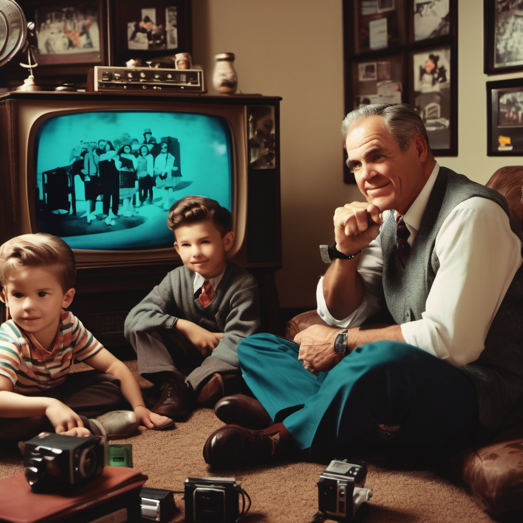 A vintage living room setting with an old television showing a black-and-white family photo. An older man and two young boys are sitting on the floor, surrounded by retro cameras, with family pictures on the walls.