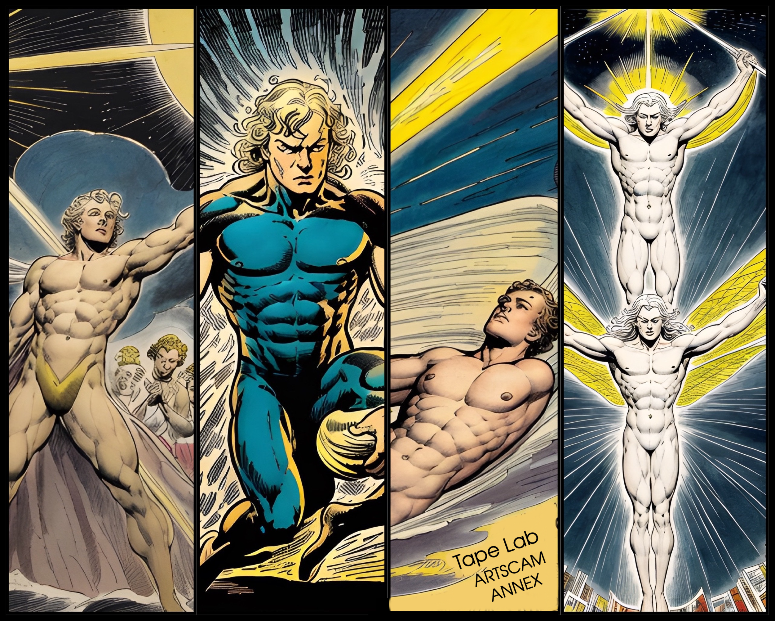 Comic-style panels featuring an angelic figure with long hair and muscular physique, depicted in various scenes, including flying, kneeling, and with another identical figure. Bright light and wings are prominent elements.