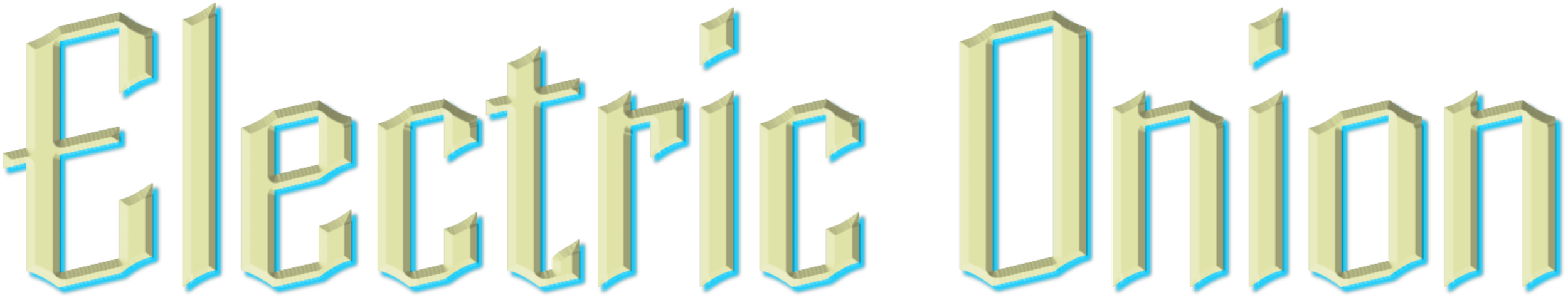 Stylized text "Electric Onion" with 3D effect and blue shadows.