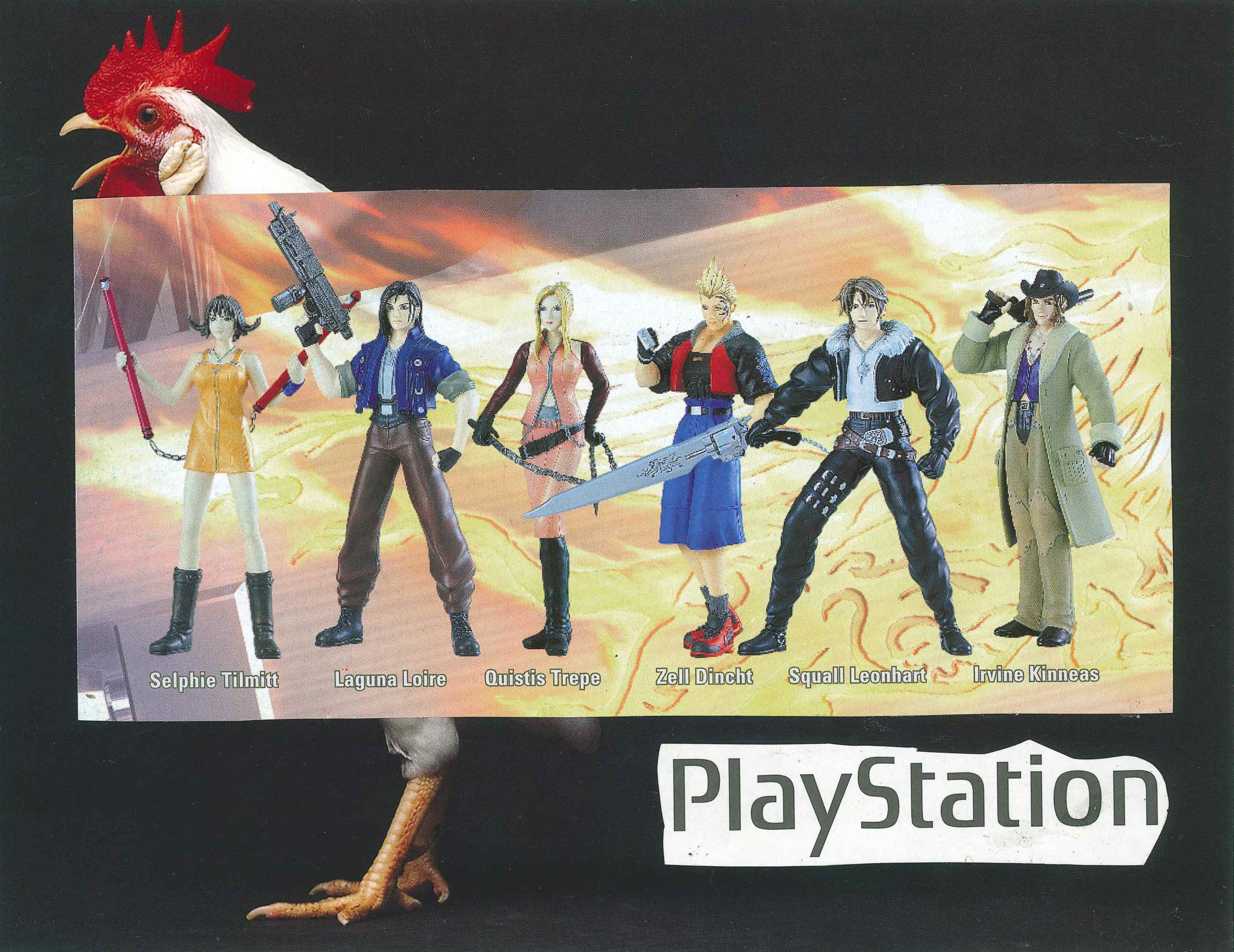 Action figures of Final Fantasy VIII characters including Selphie, Laguna, Quistis, Zell, Squall, and Irvine are displayed on a backdrop with a PlayStation logo. A partial image of a chicken is visible at the top and bottom.