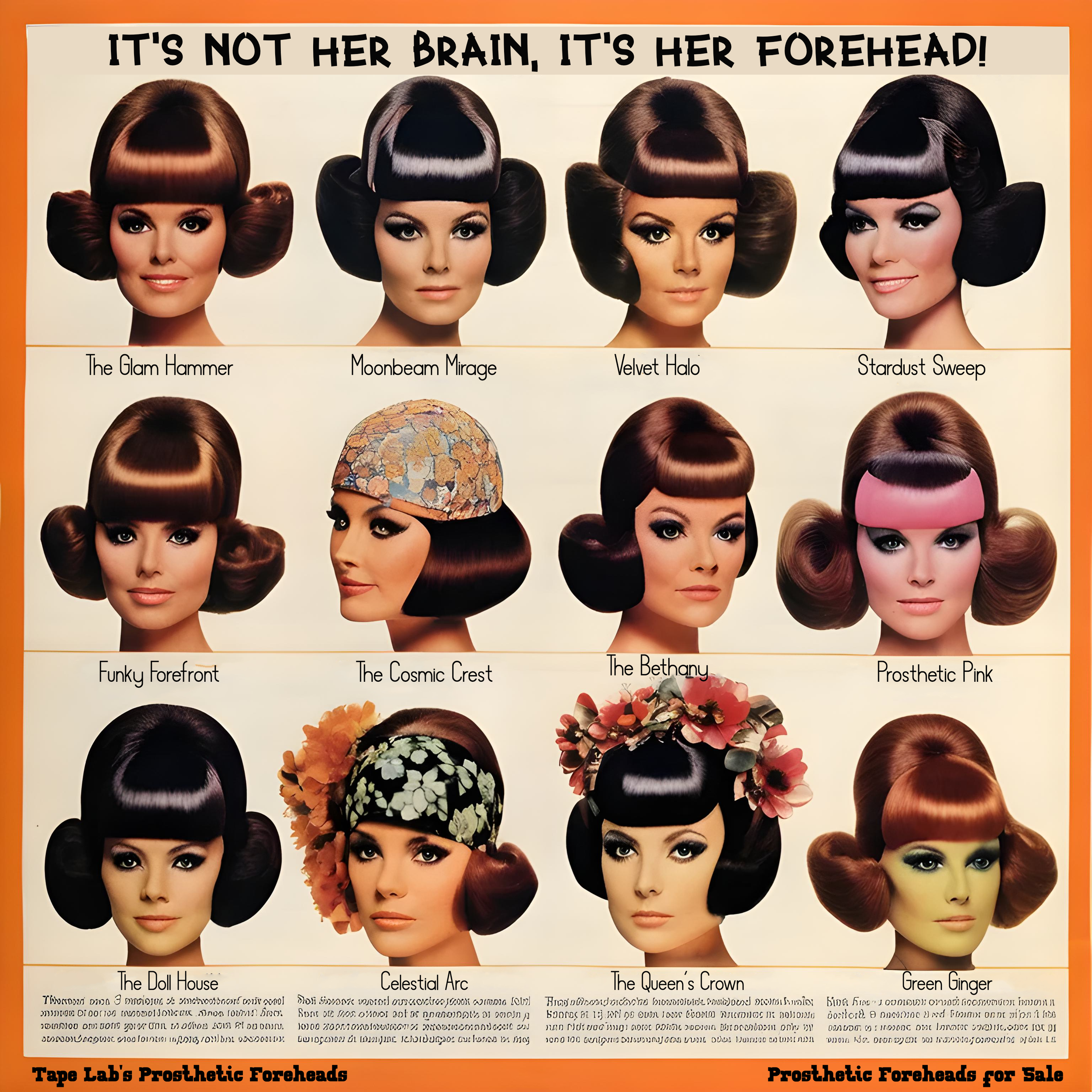 Vintage advertisement featuring ten women with unique hairstyles and prosthetic foreheads. Each has a label with names like 'The Glam Hammer,' 'Moonbeam Mirage,' and 'Green Ginger.' The title reads, 'It's Not Her Brain, It's Her Forehead!' The ad pro