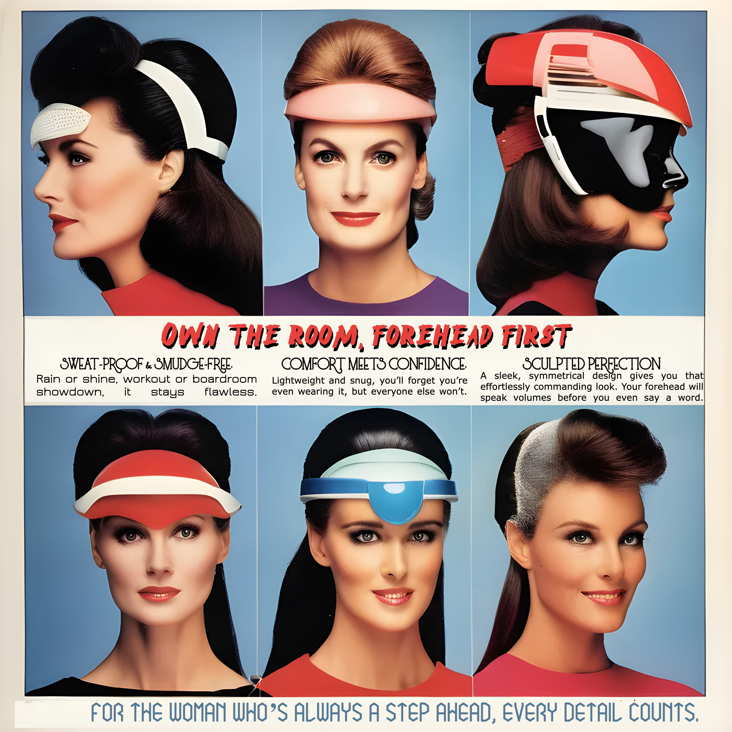 Stylized vintage ad featuring six women showcasing futuristic headwear. Each model wears a different type of headband or visor, including sweat-proof, lightweight, and sculpted designs. The text promotes confidence and flawless style, emphasizing att