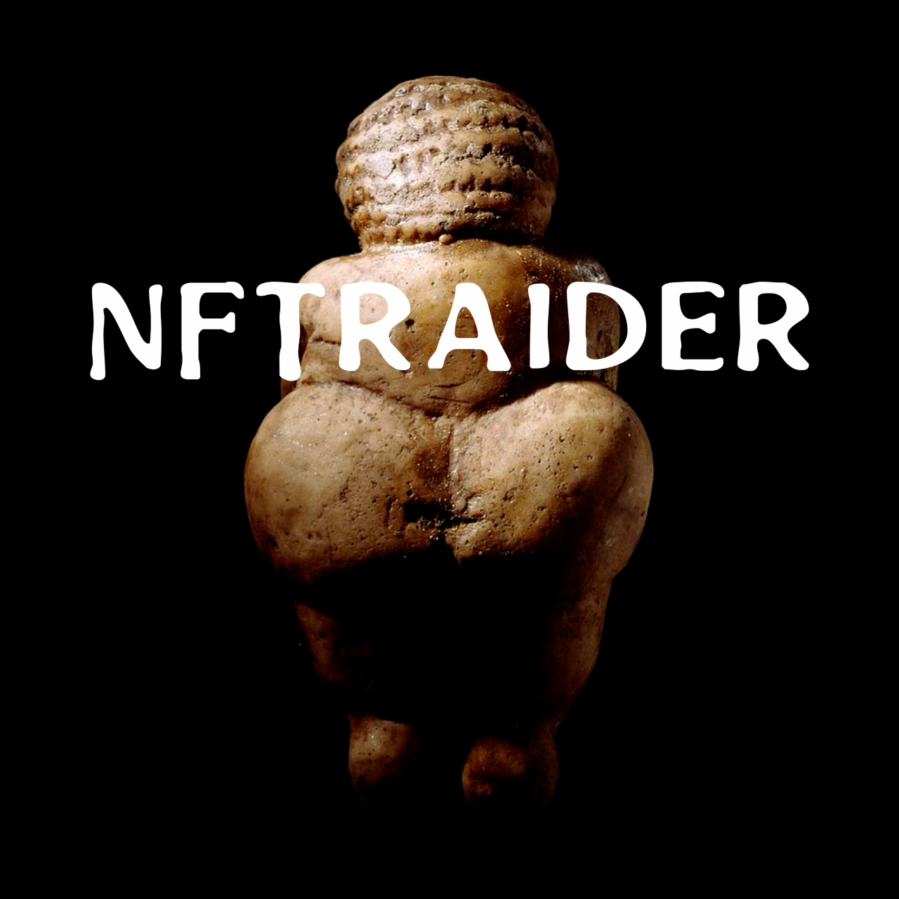 A small figurine resembling a humanoid with a textured head, sitting with arms wrapped around its knees, against a black background. The word "NFT RAIDER" is overlaid on the image.
