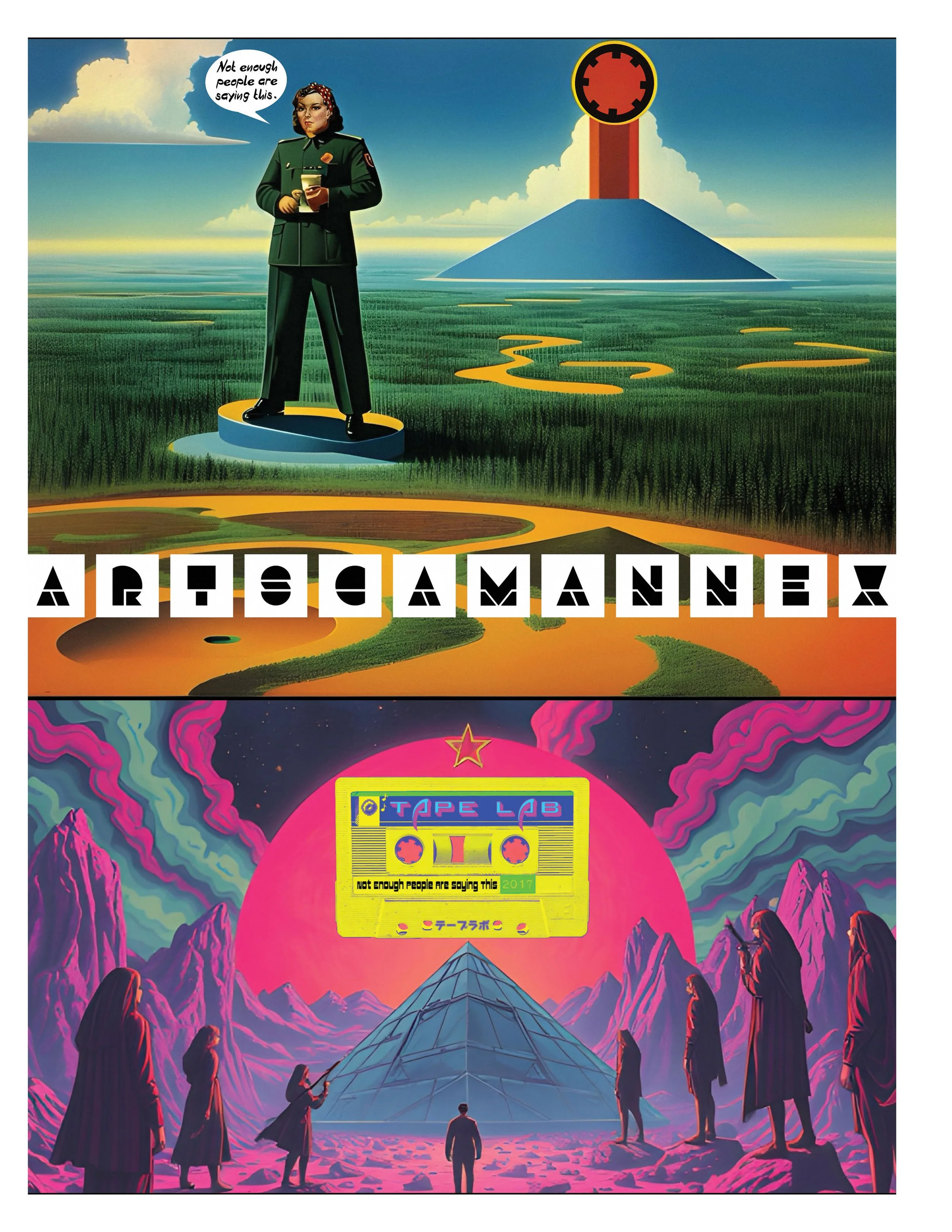 Surreal artwork featuring a futuristic landscape with a person in uniform holding a book. Above them, a structure with a circular red symbol stands against a blue sky. Below, a sci-fi scene with people in robes around a pyramid, a yellow cassette tap