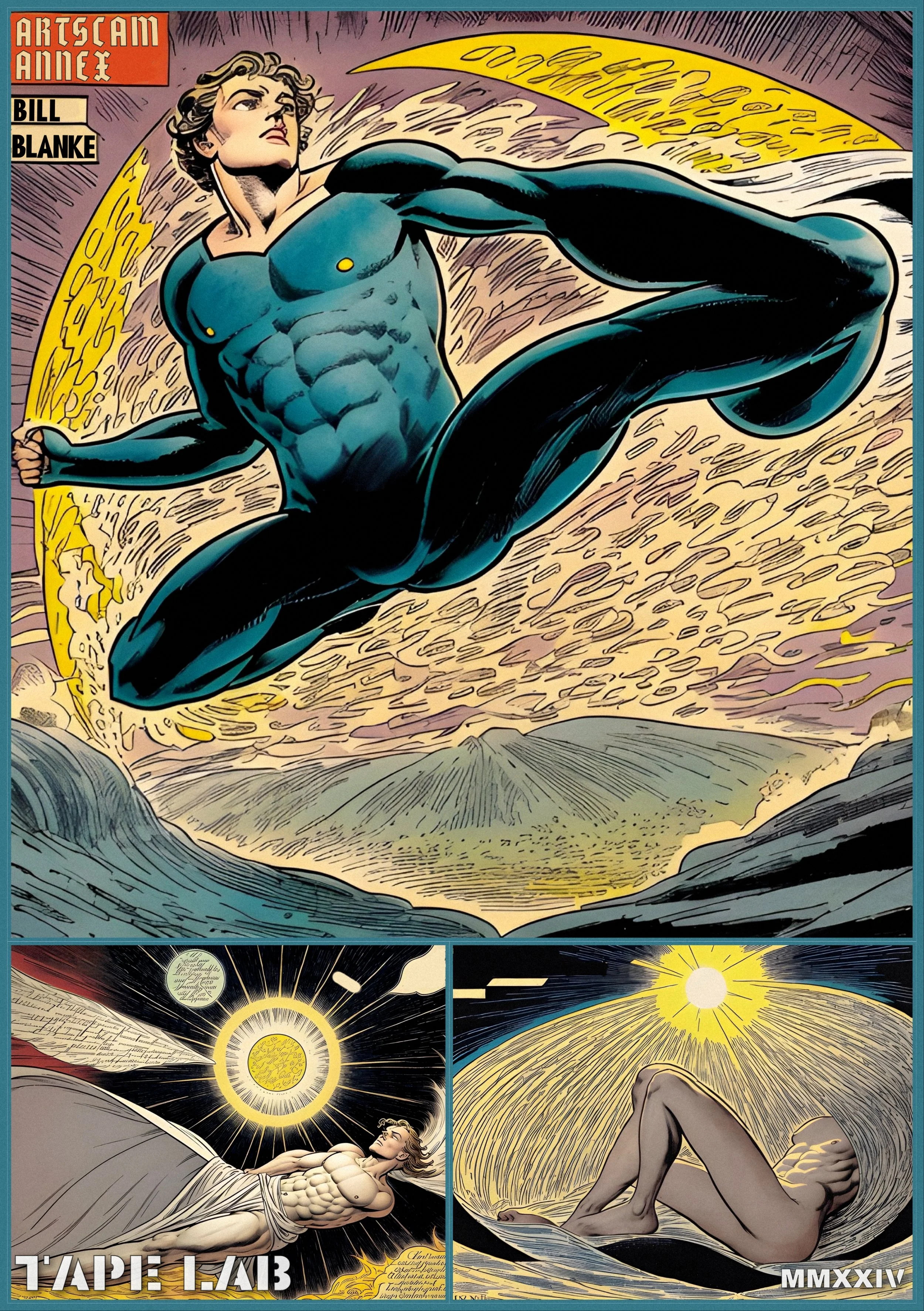 Comic book cover illustration with a muscular superhero flying through the sky, surrounded by abstract sun and landscape motifs.