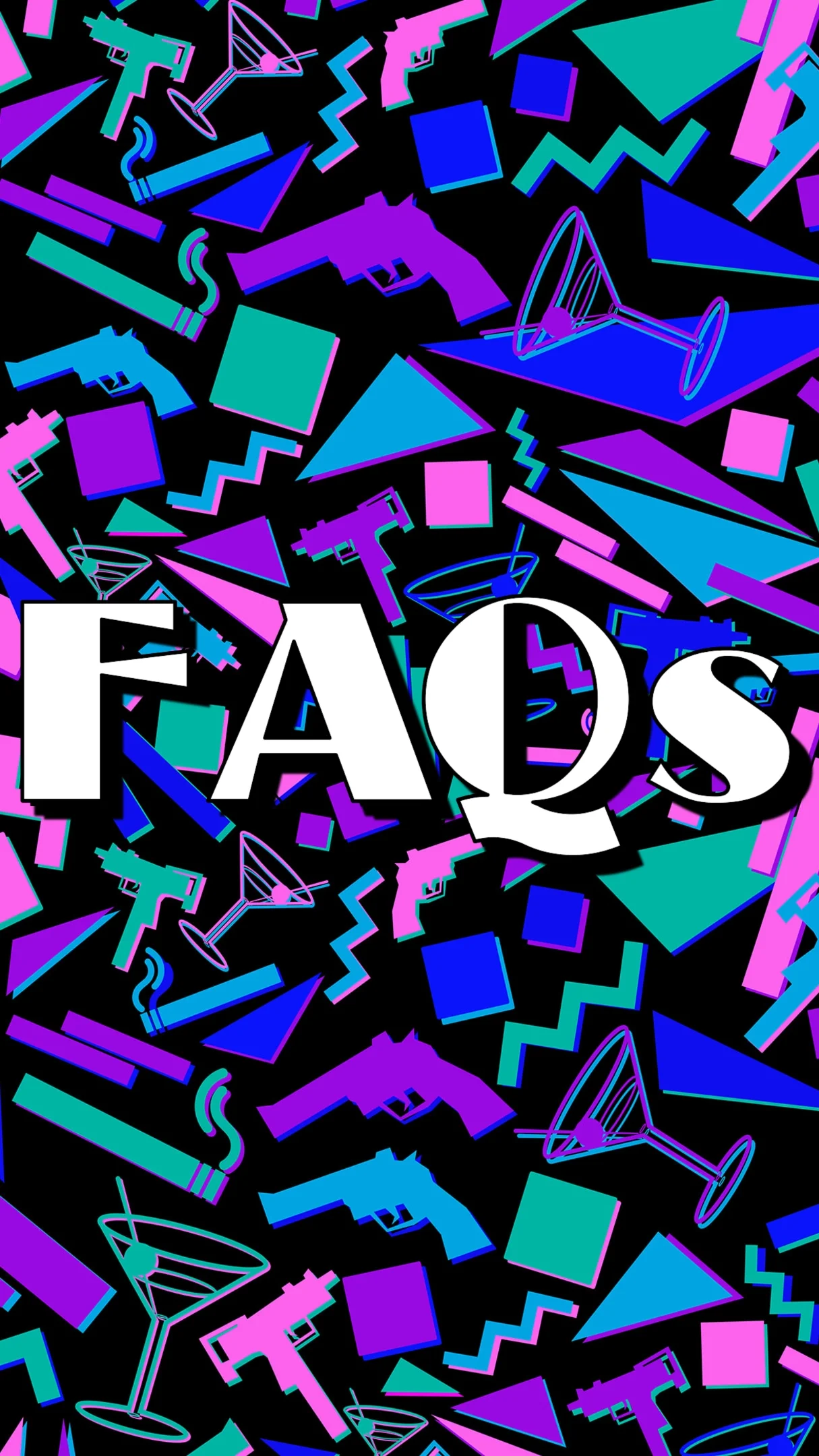Colorful pattern of neon-style guns, martini glasses, cigarettes, and geometric shapes with the text 'FADS' in bold white letters in the center.