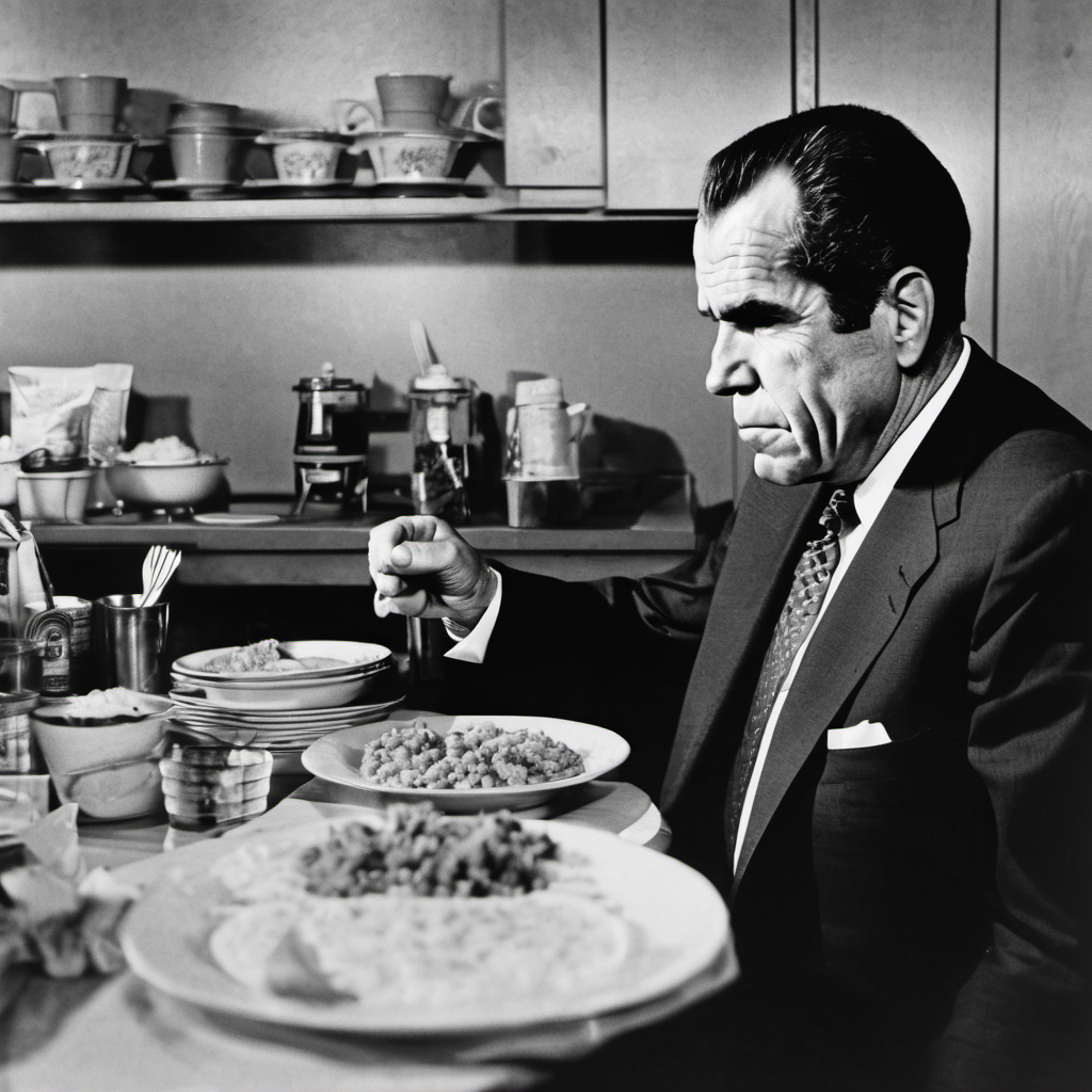 Richard Nixon in a suit sitting at a table with a plate of food, kitchen in the background.